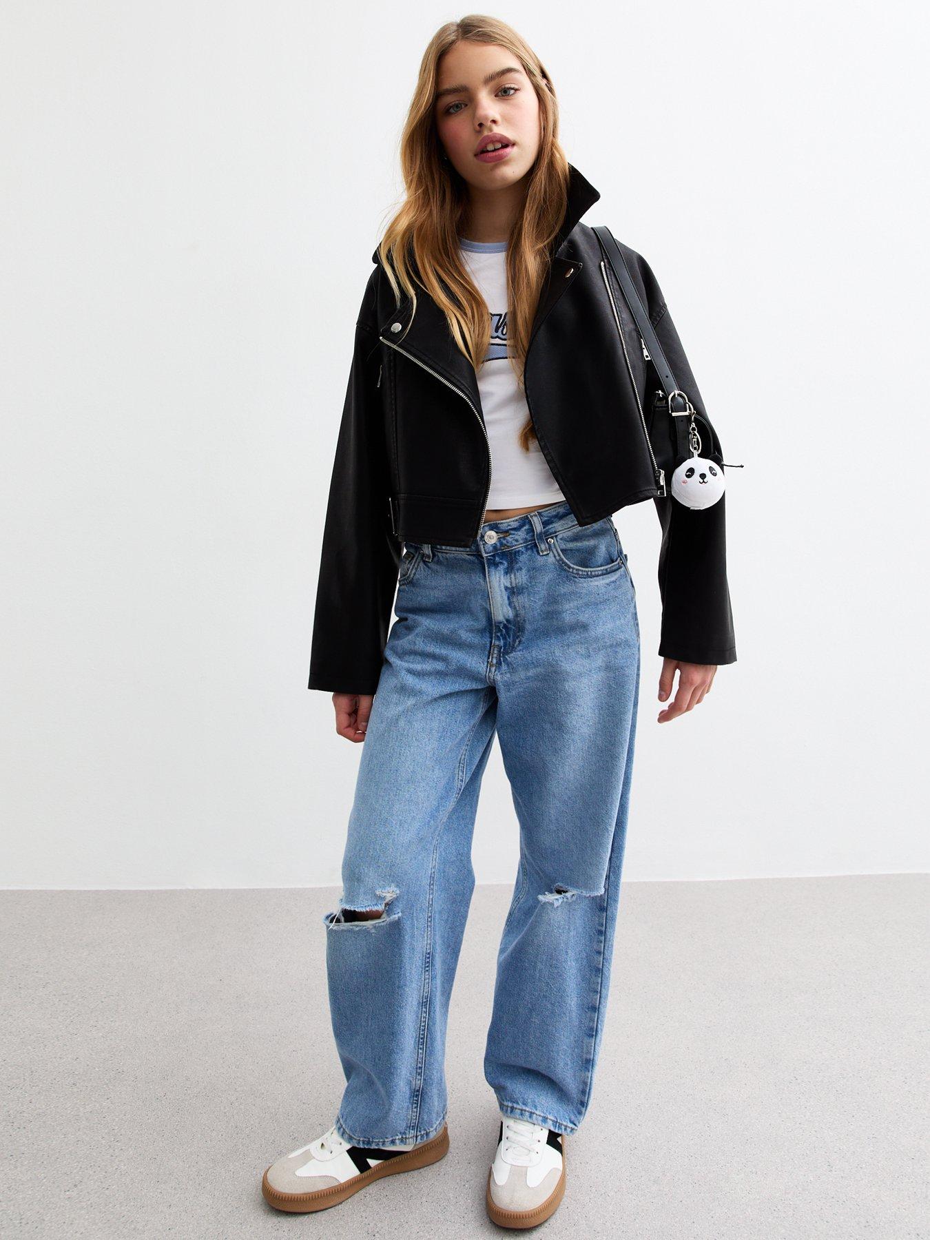 image of new-look-915-girls-black-faux-leather-cropped-biker-jacket