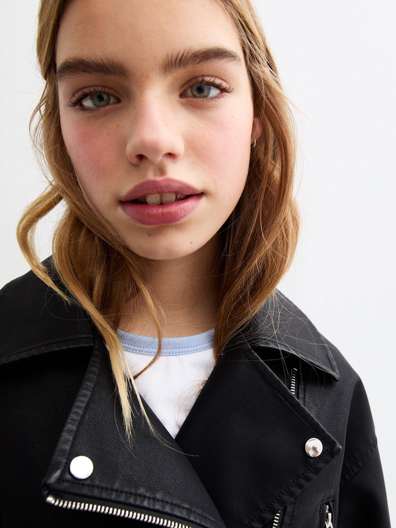  image of new-look-915-girls-black-faux-leather-cropped-biker-jacket