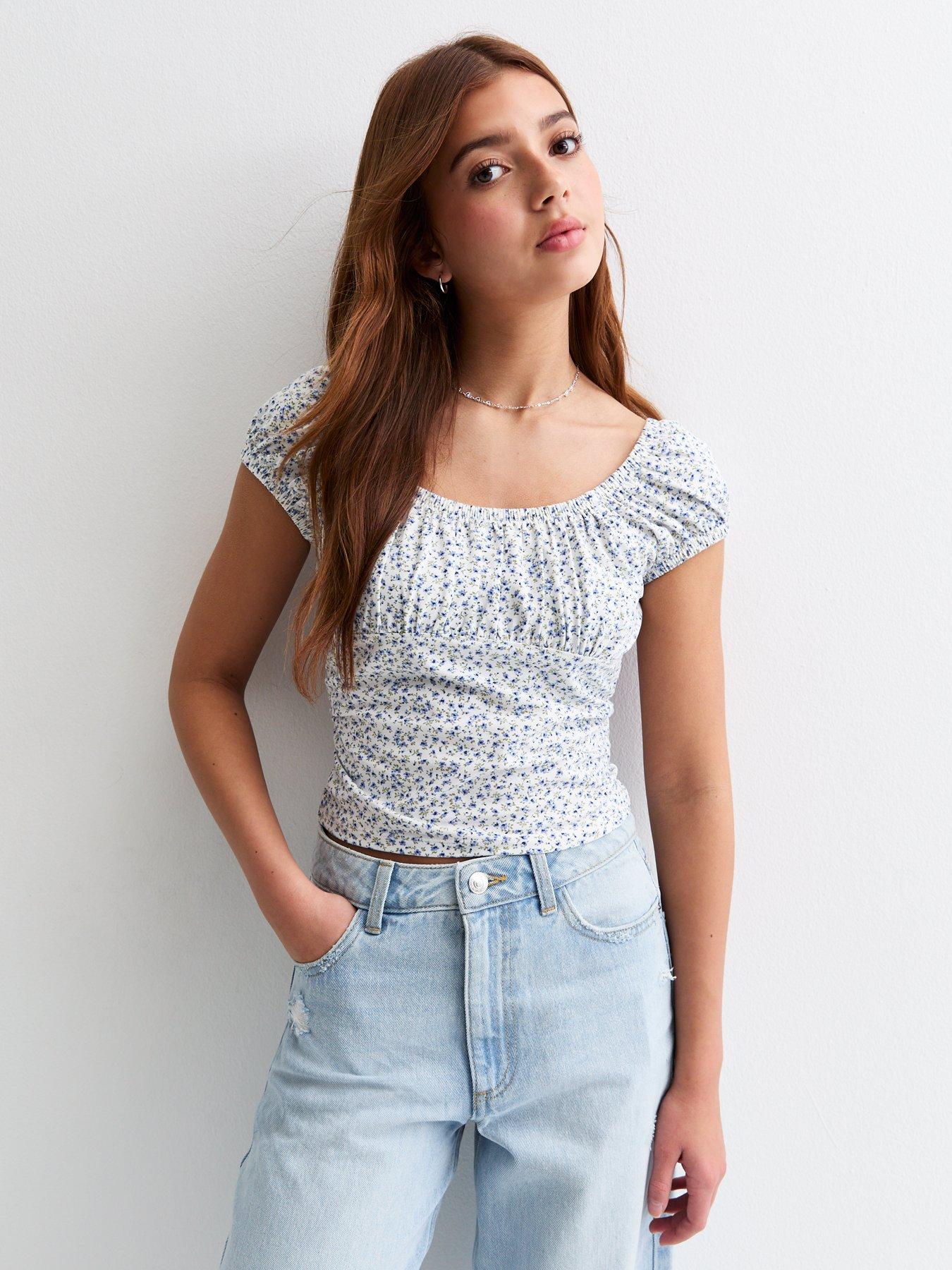  image of new-look-915-girls-floral-print-cropped-top-blue