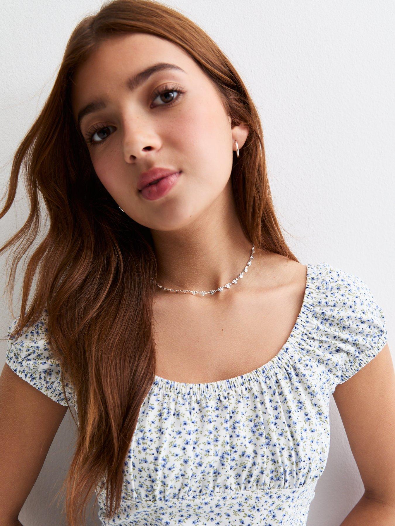  image of new-look-915-girls-floral-print-cropped-top-blue
