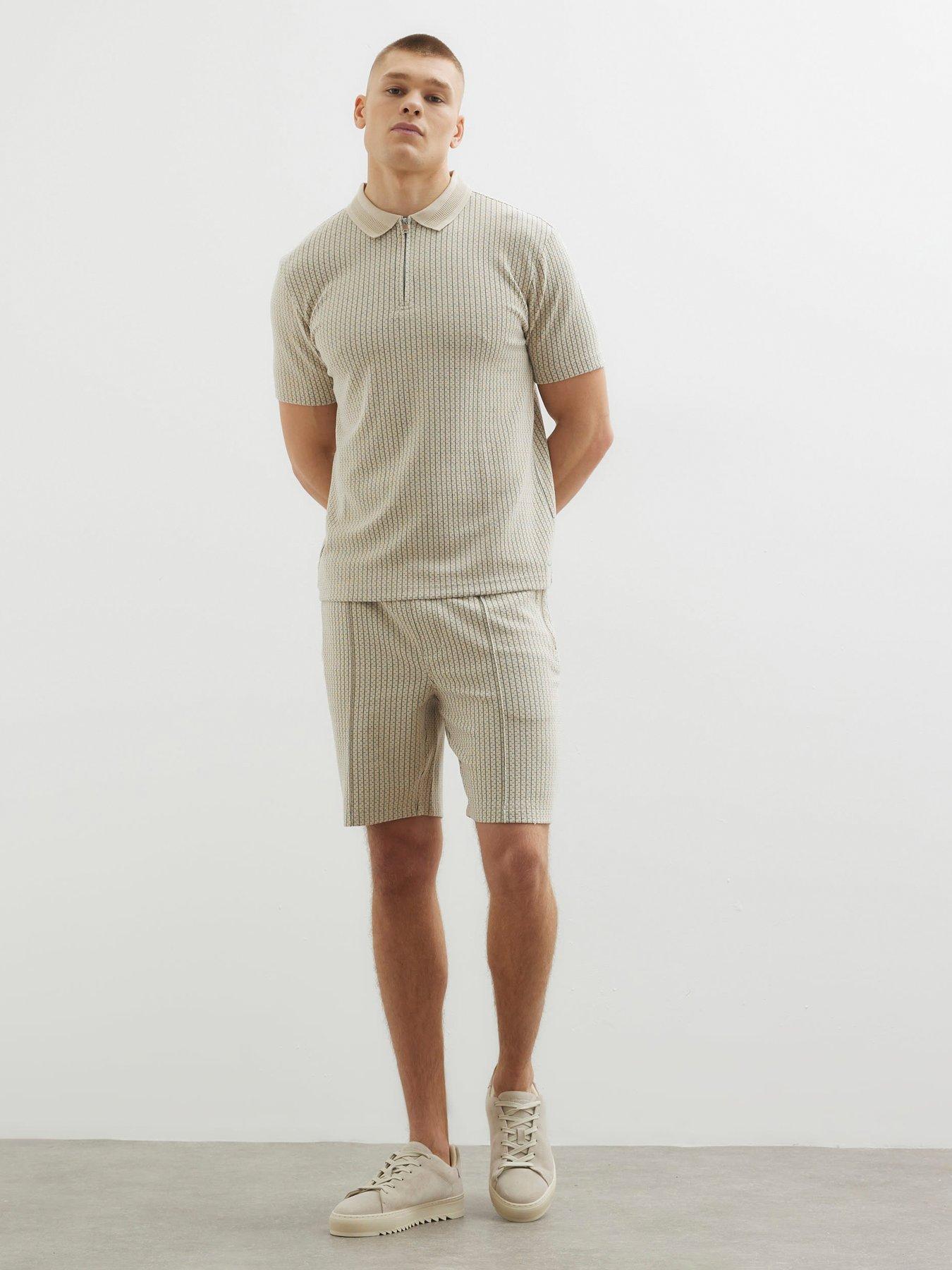  image of river-island-short-sleeve-slim-fit-jacquard-zip-polo-shirt-stone