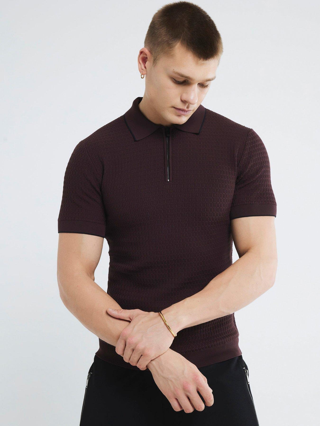 River Island Short Sleeve Textured Knit Muscle Zip Polo Shirt - Red