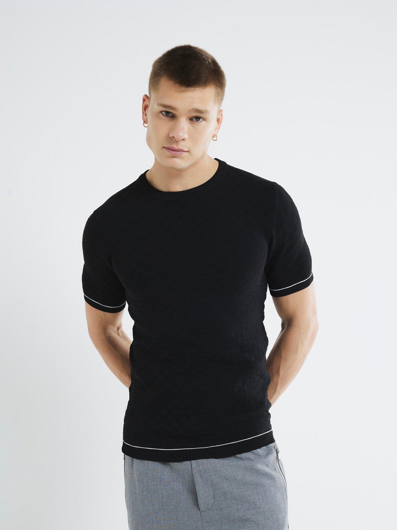 front image of river-island-short-sleeve-checkerboard-muscle-fit-knitted-t-shirt