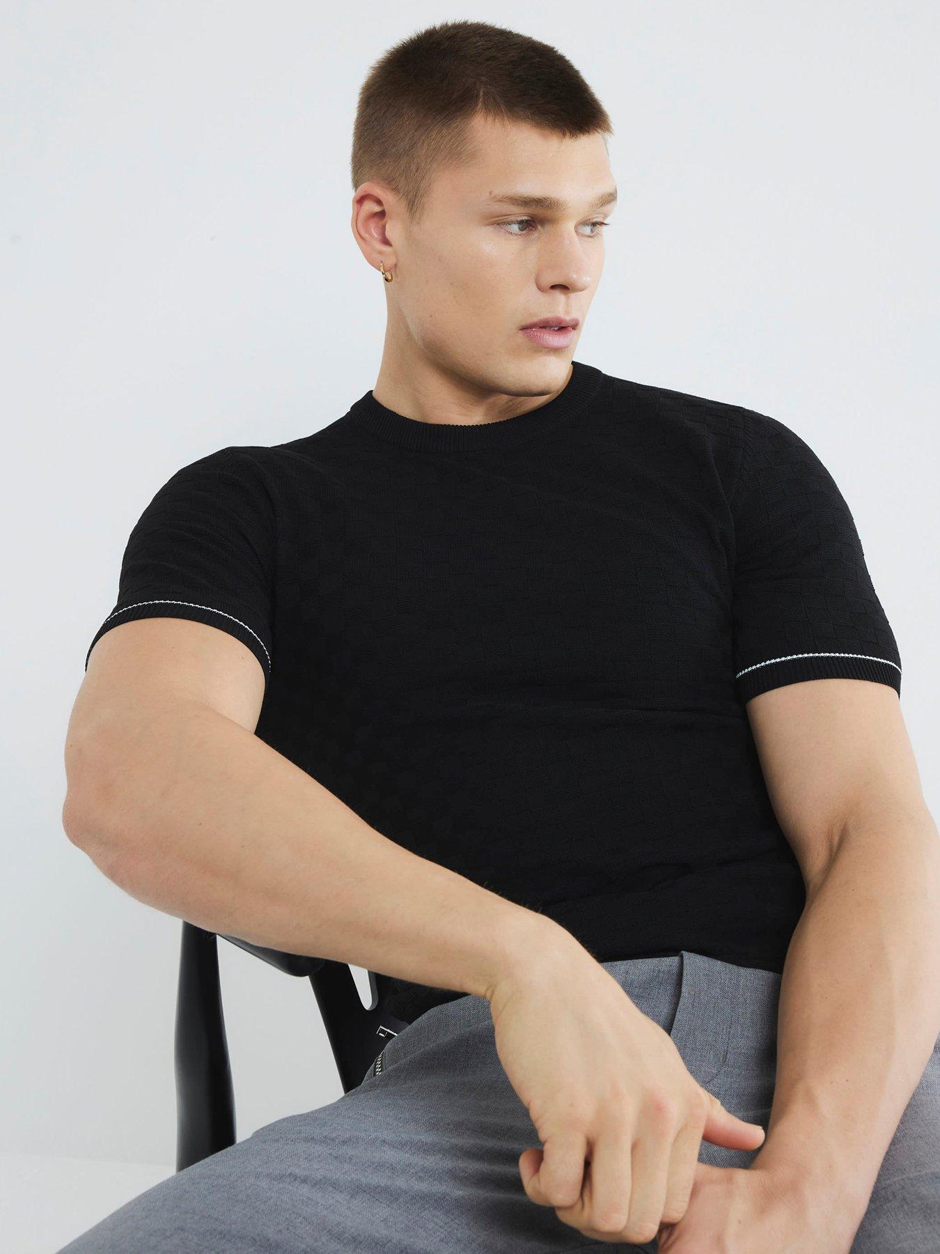  image of river-island-short-sleeve-checkerboard-muscle-fit-knitted-t-shirt