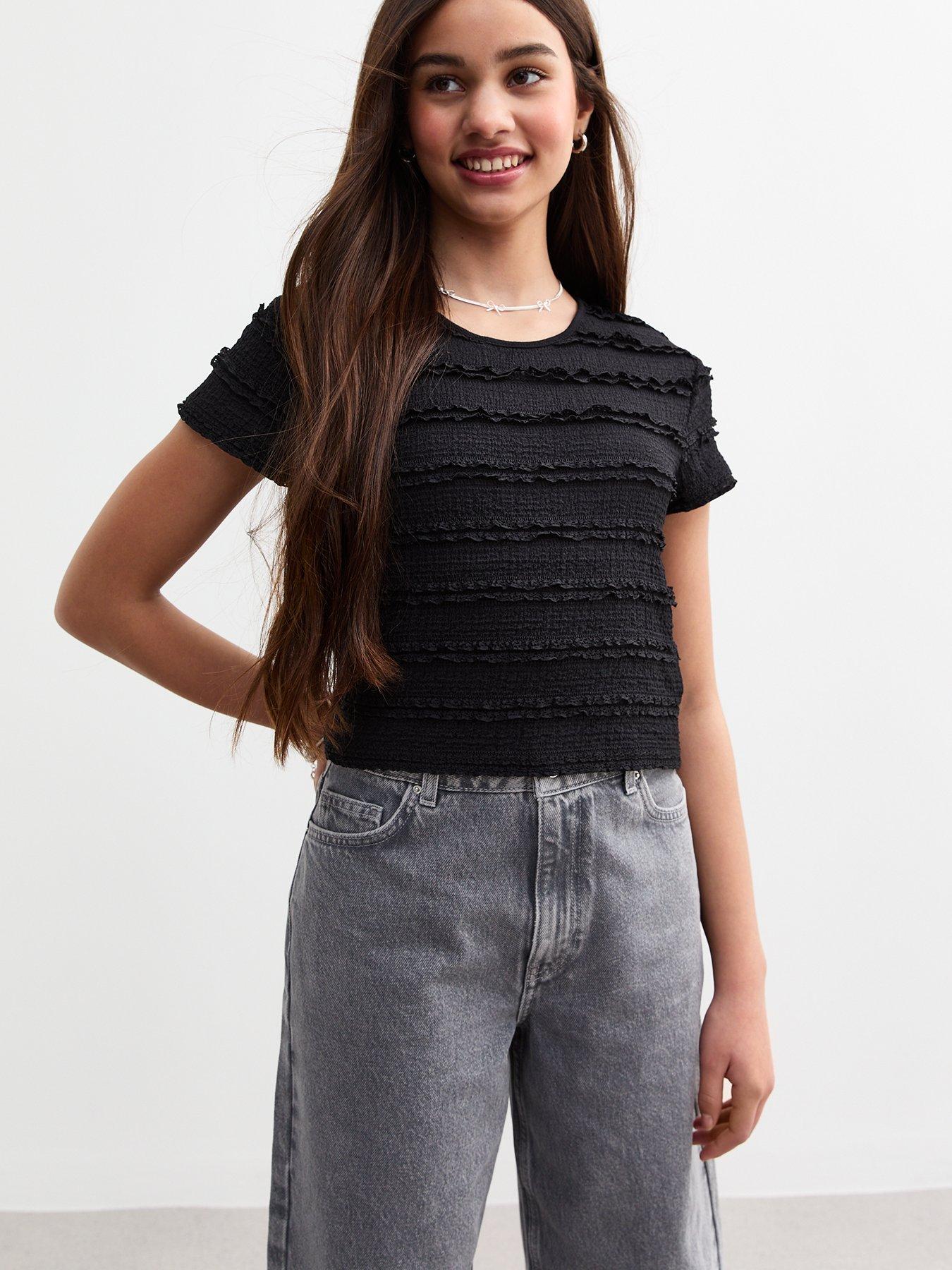  image of new-look-915-girls-ruffle-lace-t-shirt-black