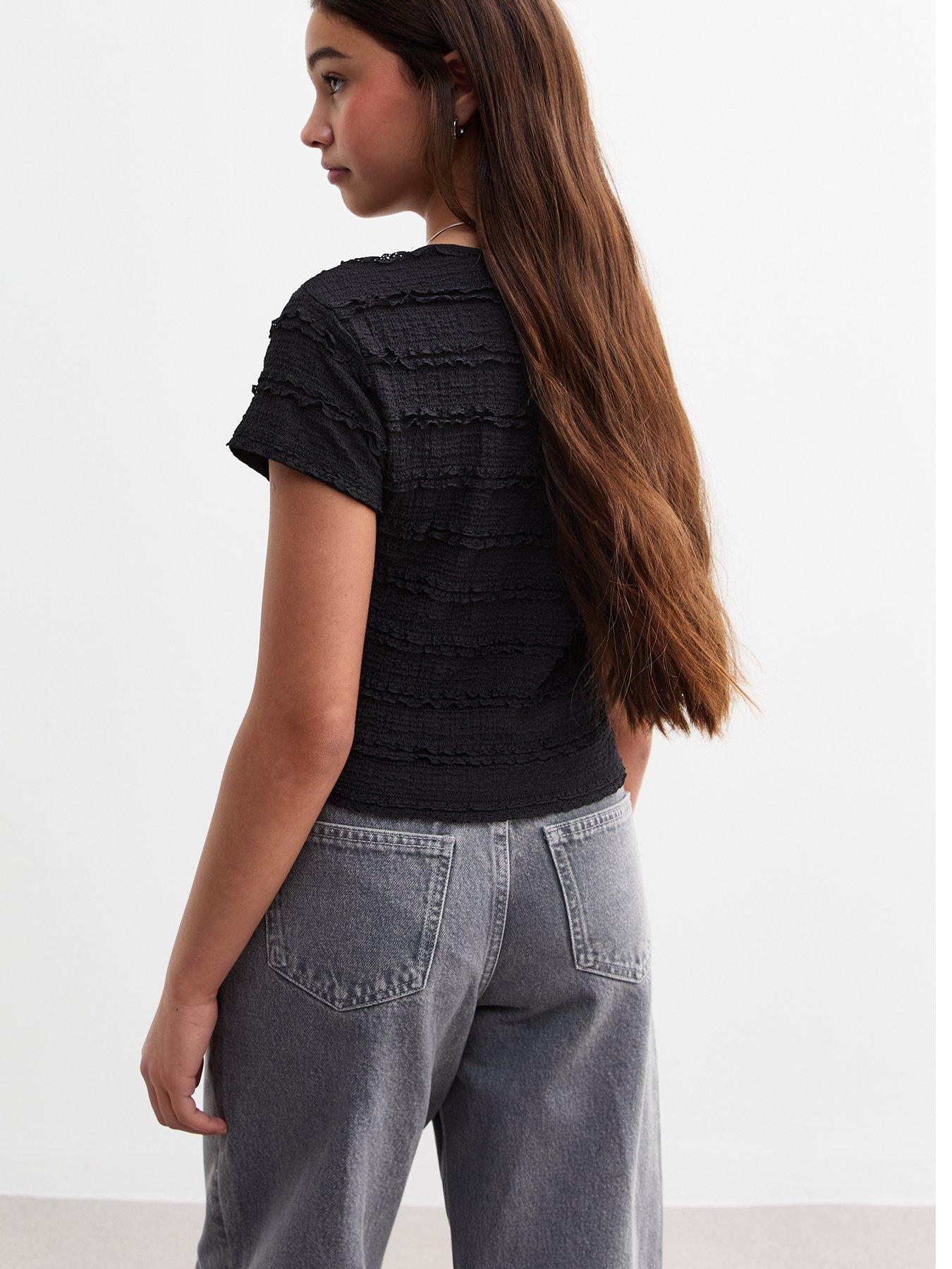  image of new-look-915-girls-ruffle-lace-t-shirt-black