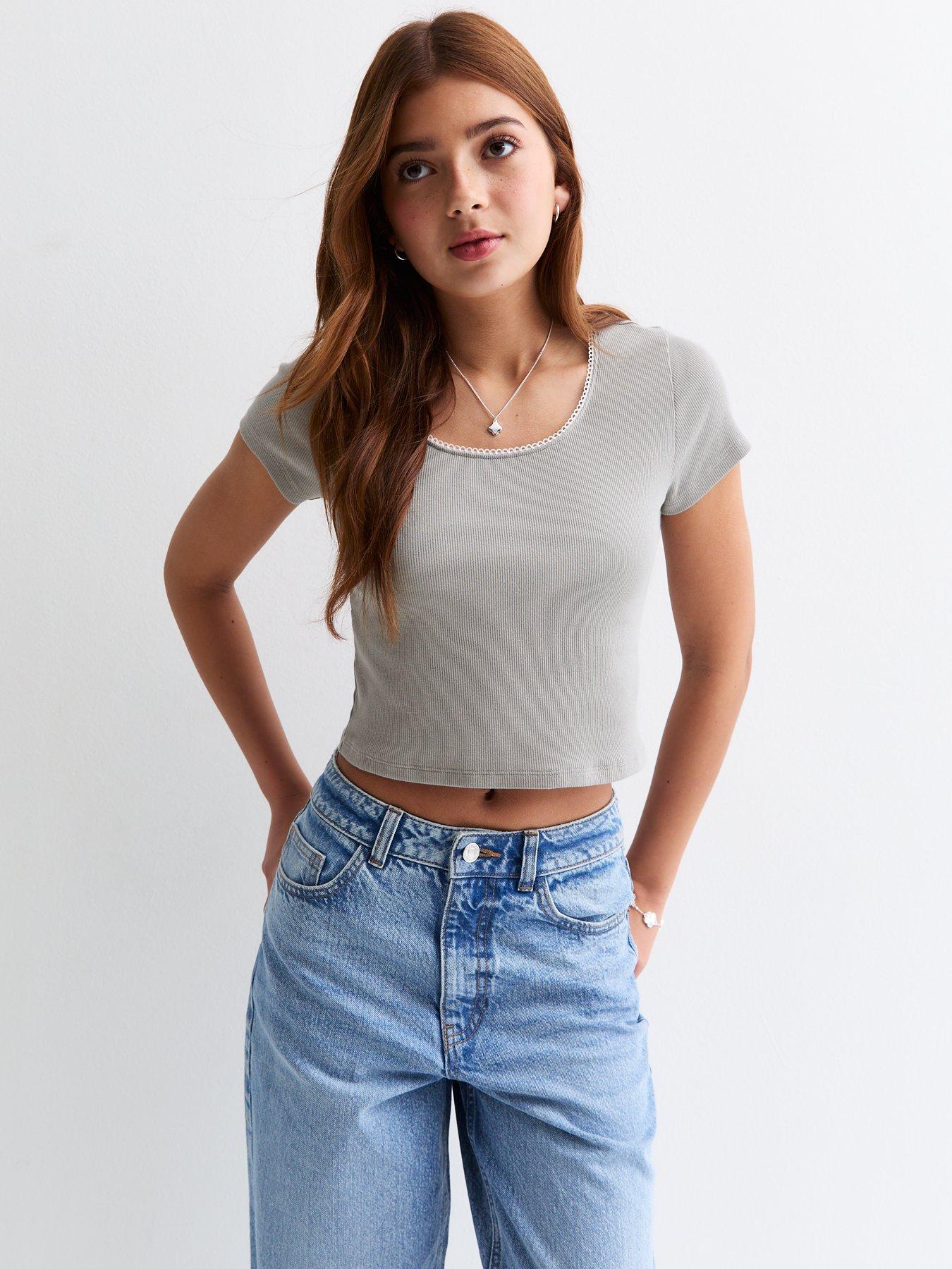  image of new-look-915-girls-scoop-neck-cropped-t-shirt-grey