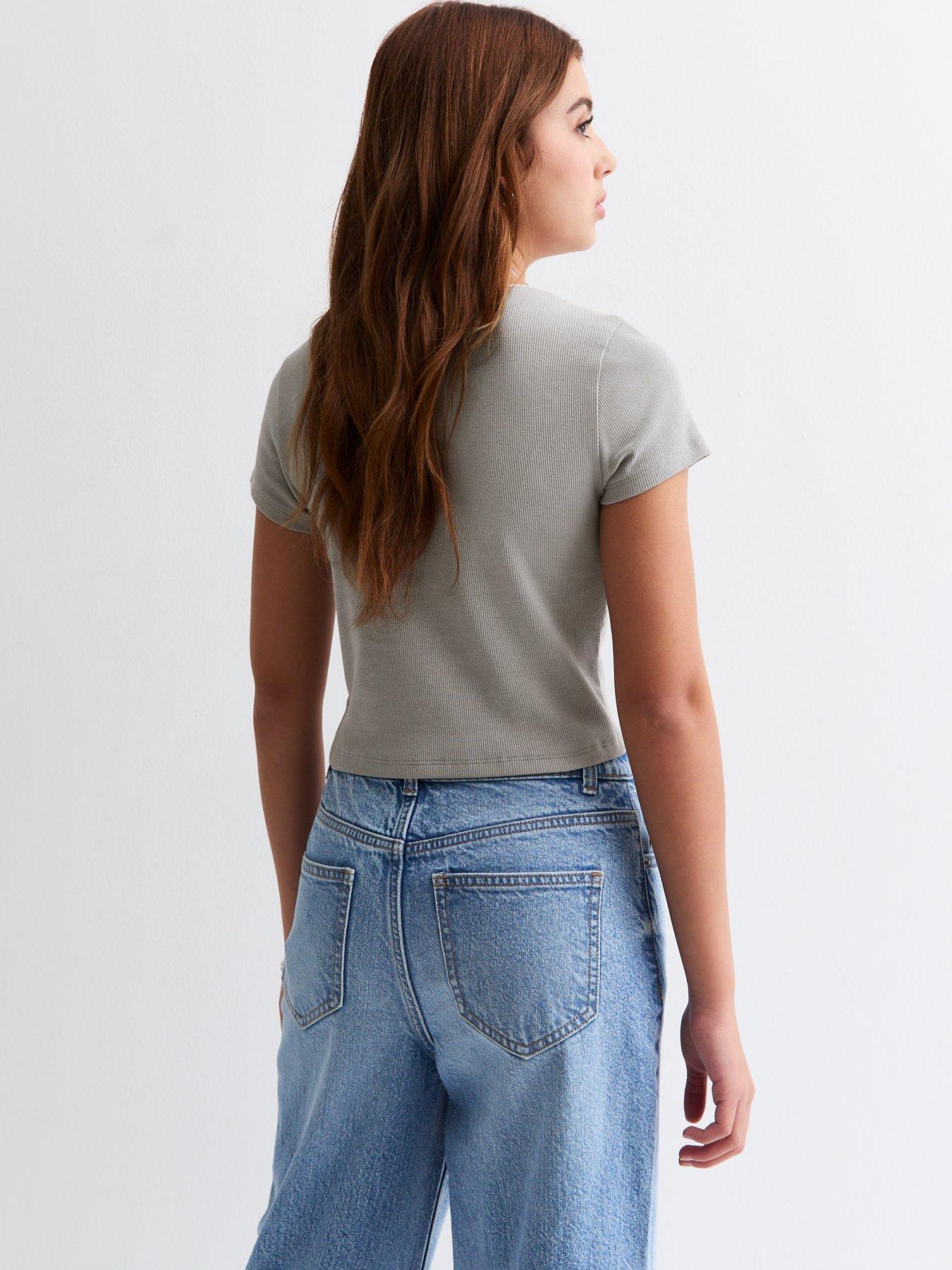  image of new-look-915-girls-scoop-neck-cropped-t-shirt-grey