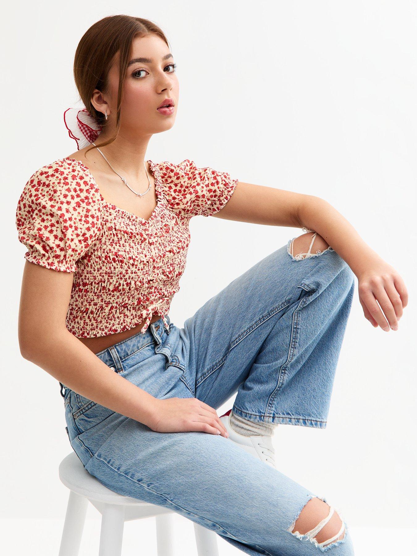  image of new-look-915-girls-ruched-front-floral-print-crop-top-red