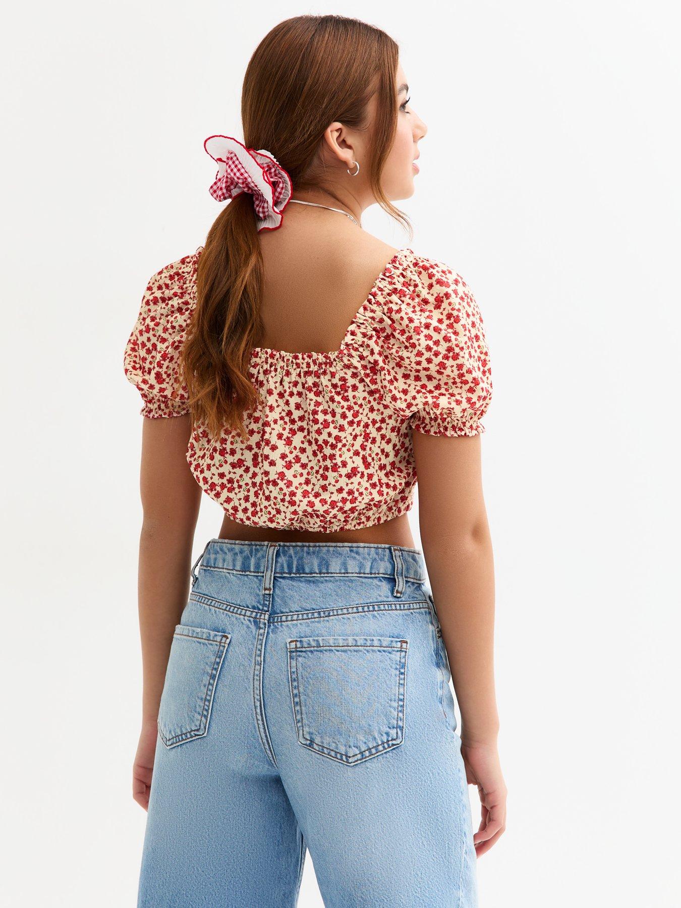  image of new-look-915-girls-ruched-front-floral-print-crop-top-red