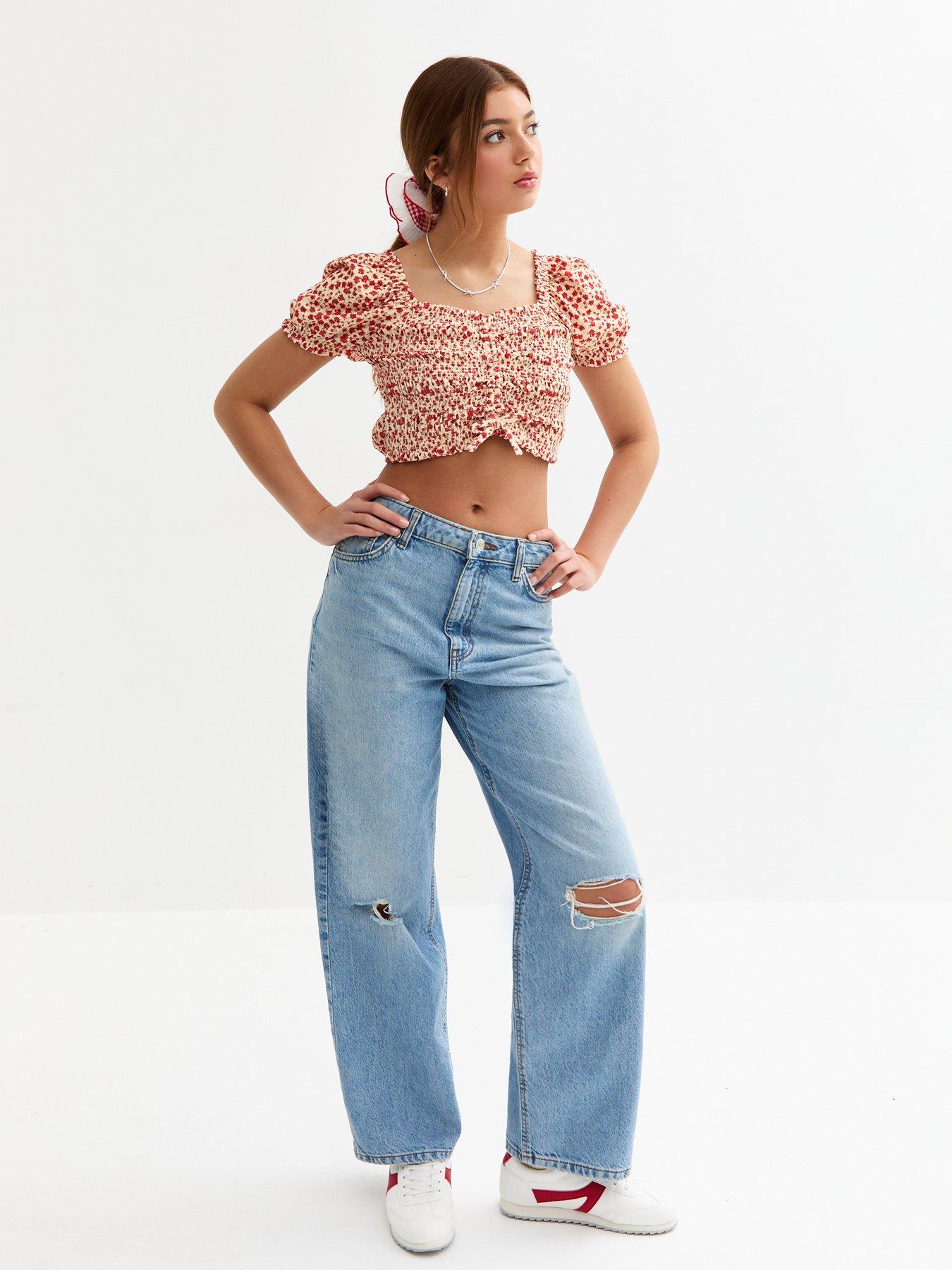  image of new-look-915-girls-ruched-front-floral-print-crop-top-red