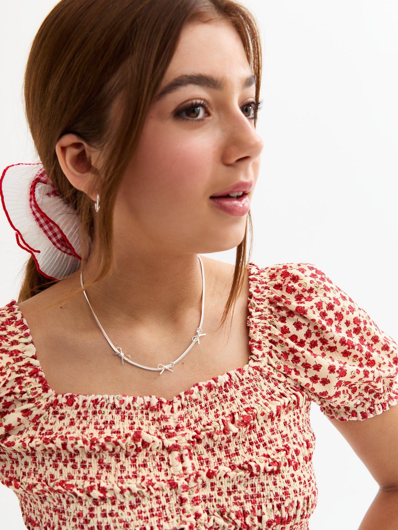  image of new-look-915-girls-ruched-front-floral-print-crop-top-red