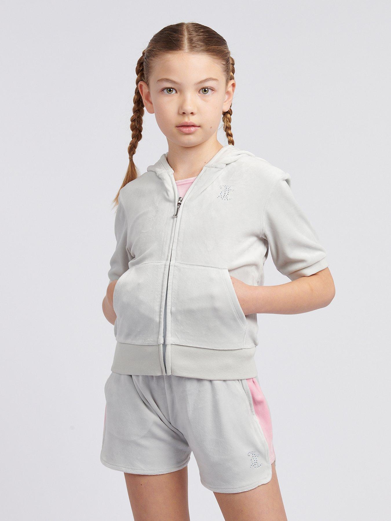 Juicy Couture Girls Diamante Zip Thru Short Sleeve Hoodie - Light Grey