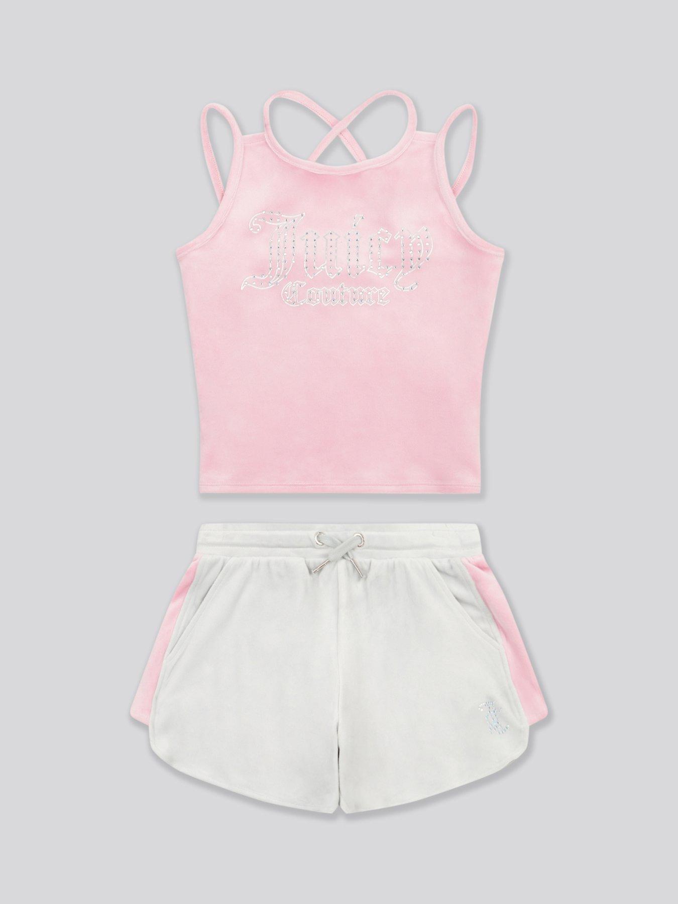  image of juicy-couture-girls-velour-strappy-top-runner-short-set-light-grey