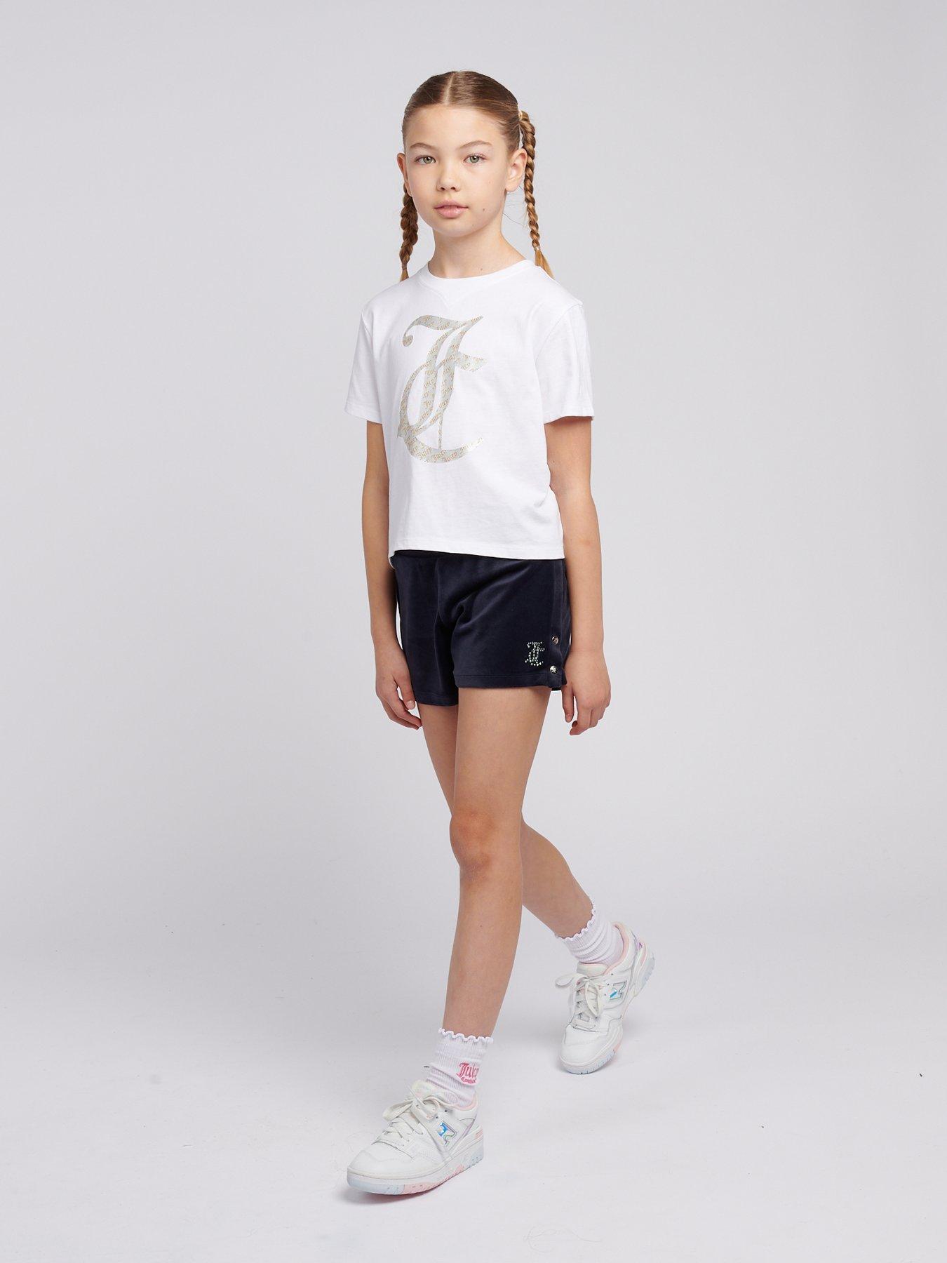 stillFront image of juicy-couture-girls-boxy-double-neck-tee-velour-popper-short-set-navy