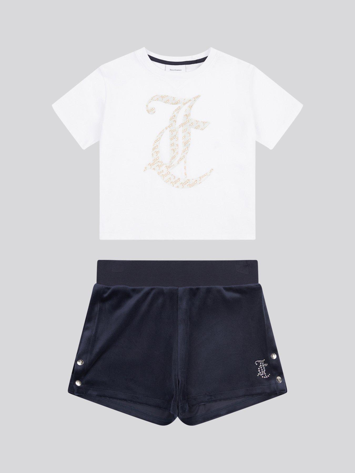  image of juicy-couture-girls-boxy-double-neck-tee-velour-popper-short-set-navy