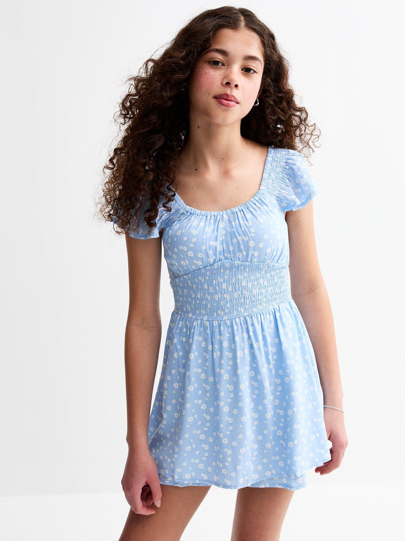 new-look-915-girls-floral-print-frill-sleeve-skort-mini-dress-blue
