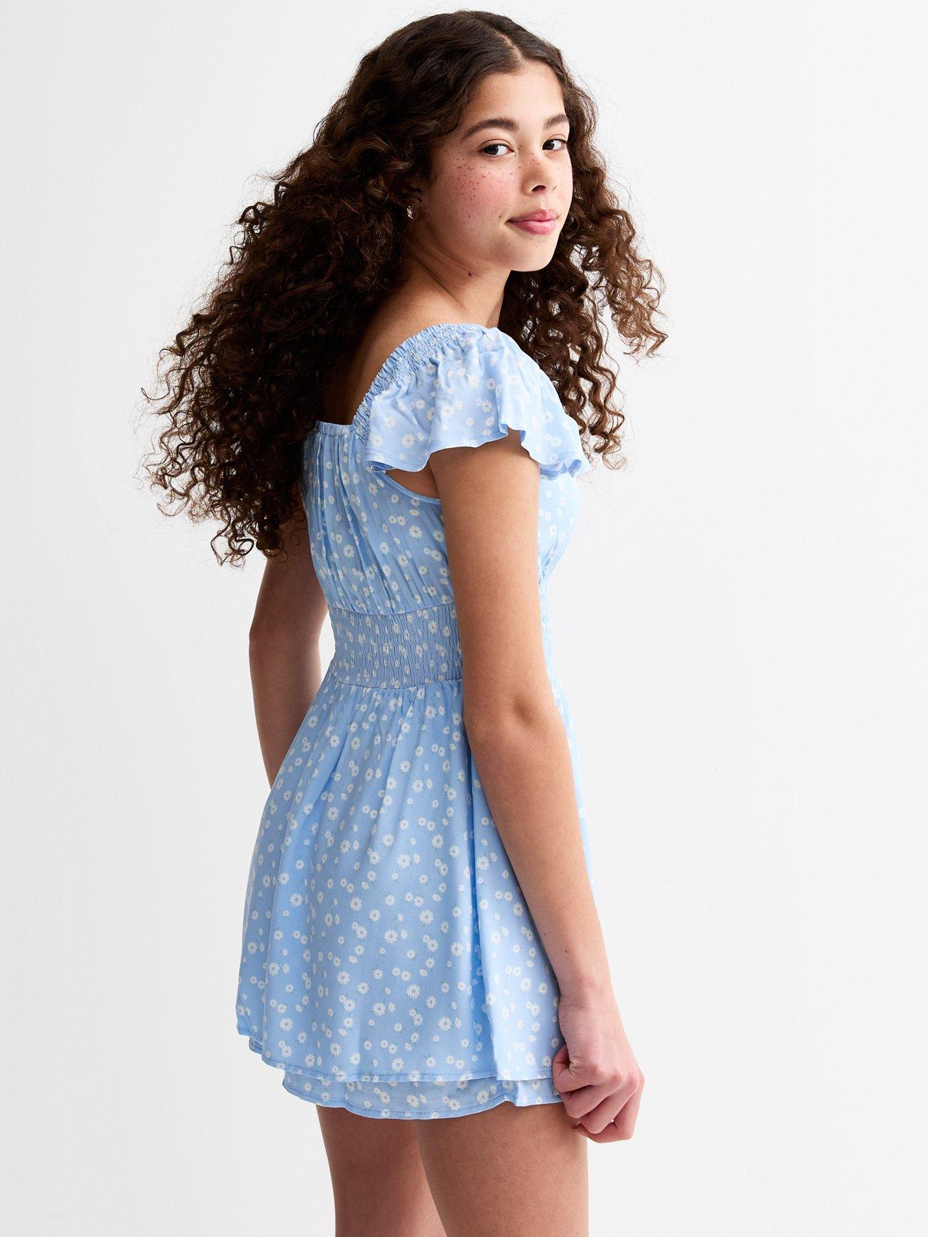  image of new-look-915-girls-floral-print-frill-sleeve-skort-mini-dress-blue
