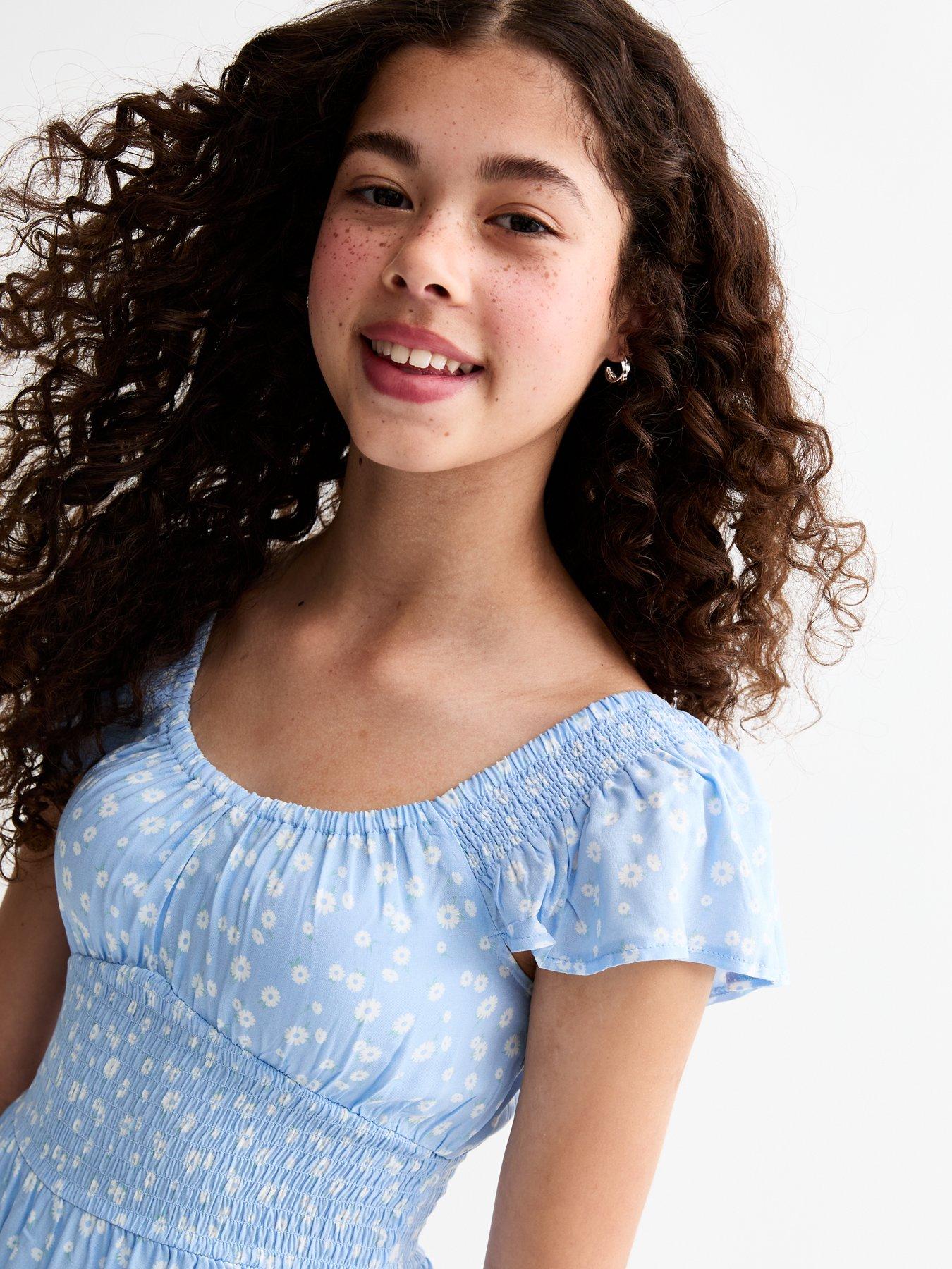  image of new-look-915-girls-floral-print-frill-sleeve-skort-mini-dress-blue
