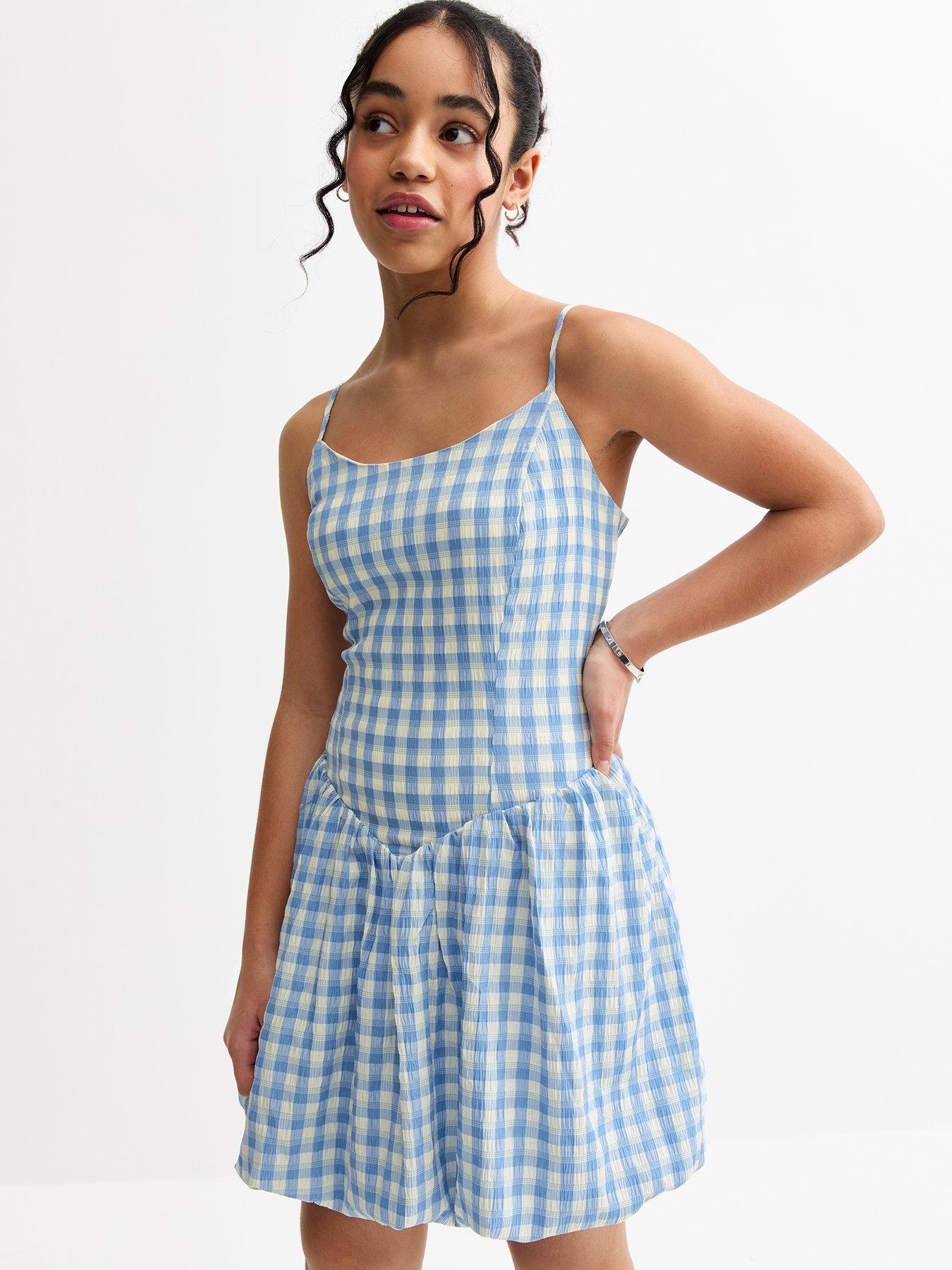 New Look 915 Girls Blue Gingham Check Bubble Hem Dress - Blue/White
