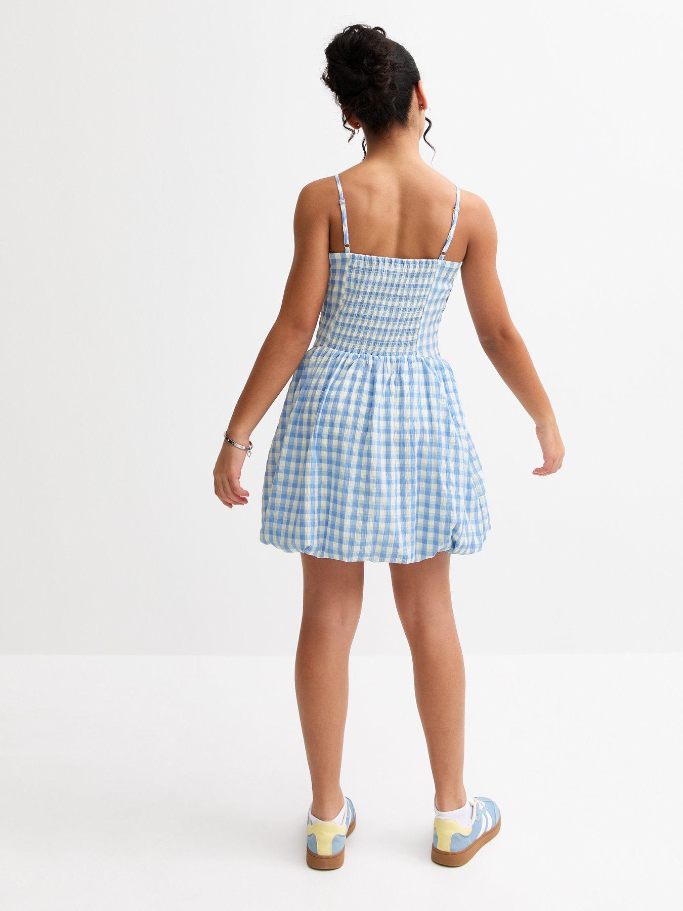  image of new-look-915-girls-blue-gingham-check-bubble-hem-dress-bluewhite