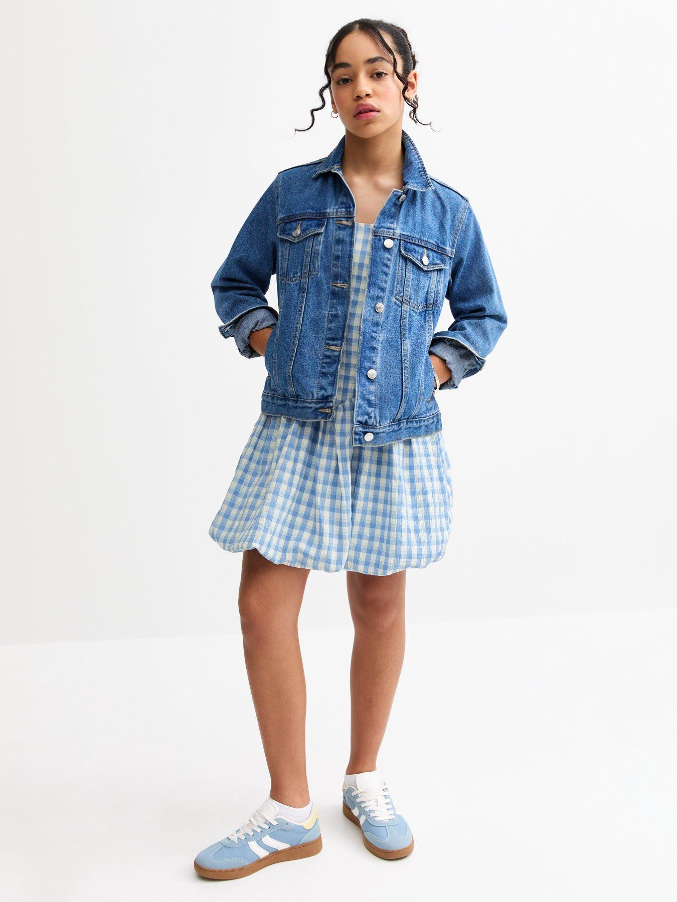  image of new-look-915-girls-blue-gingham-check-bubble-hem-dress-bluewhite