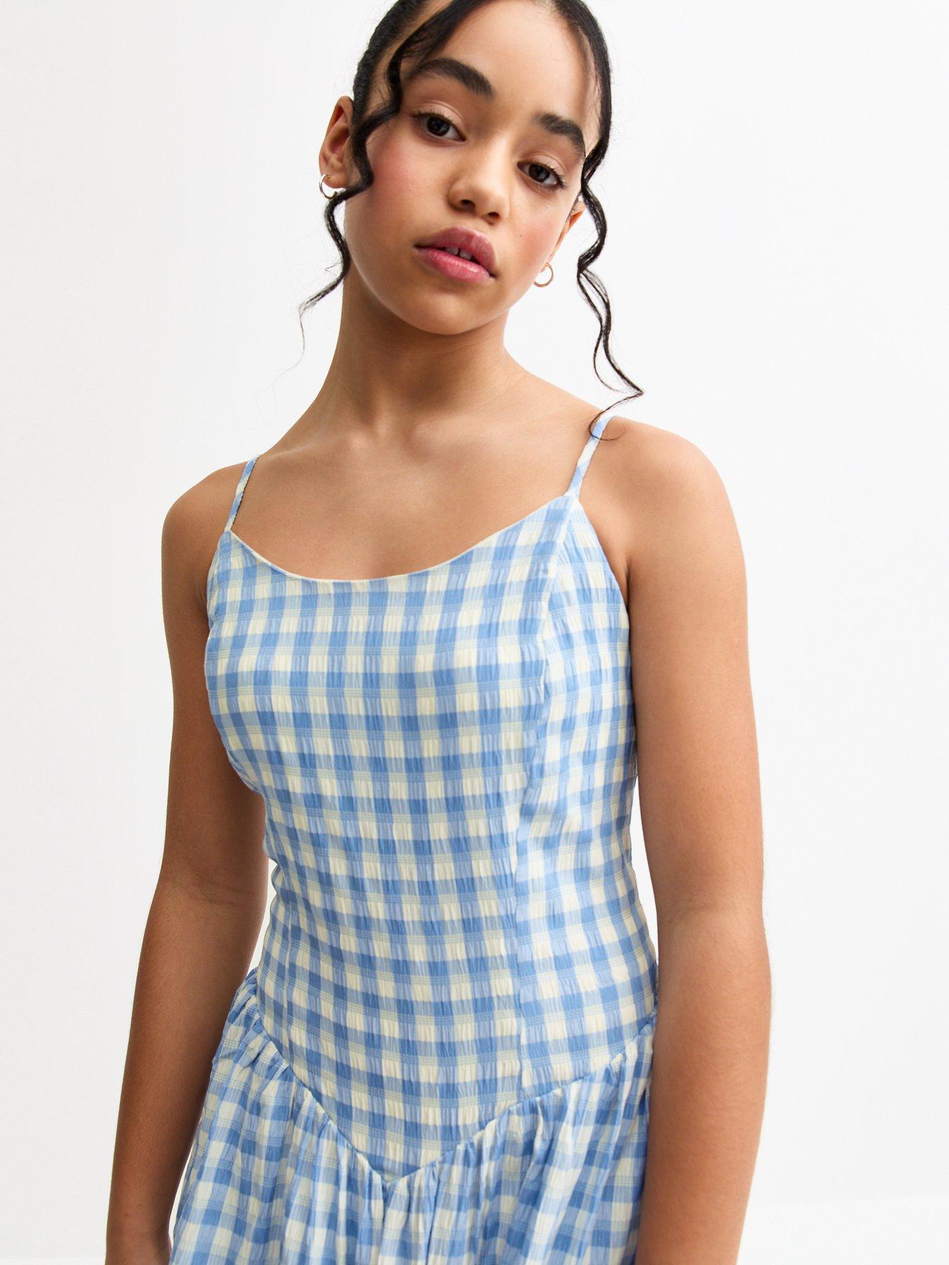  image of new-look-915-girls-blue-gingham-check-bubble-hem-dress-bluewhite