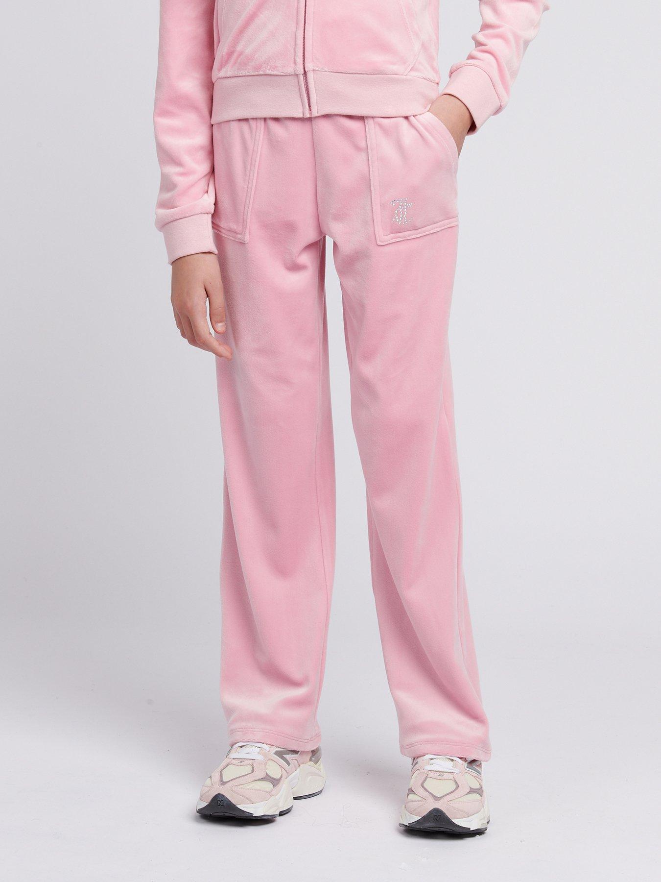 Image 1 of 4 of Juicy Couture Girls Mini Diamante Velour Wide Leg Joggers - Light Pink