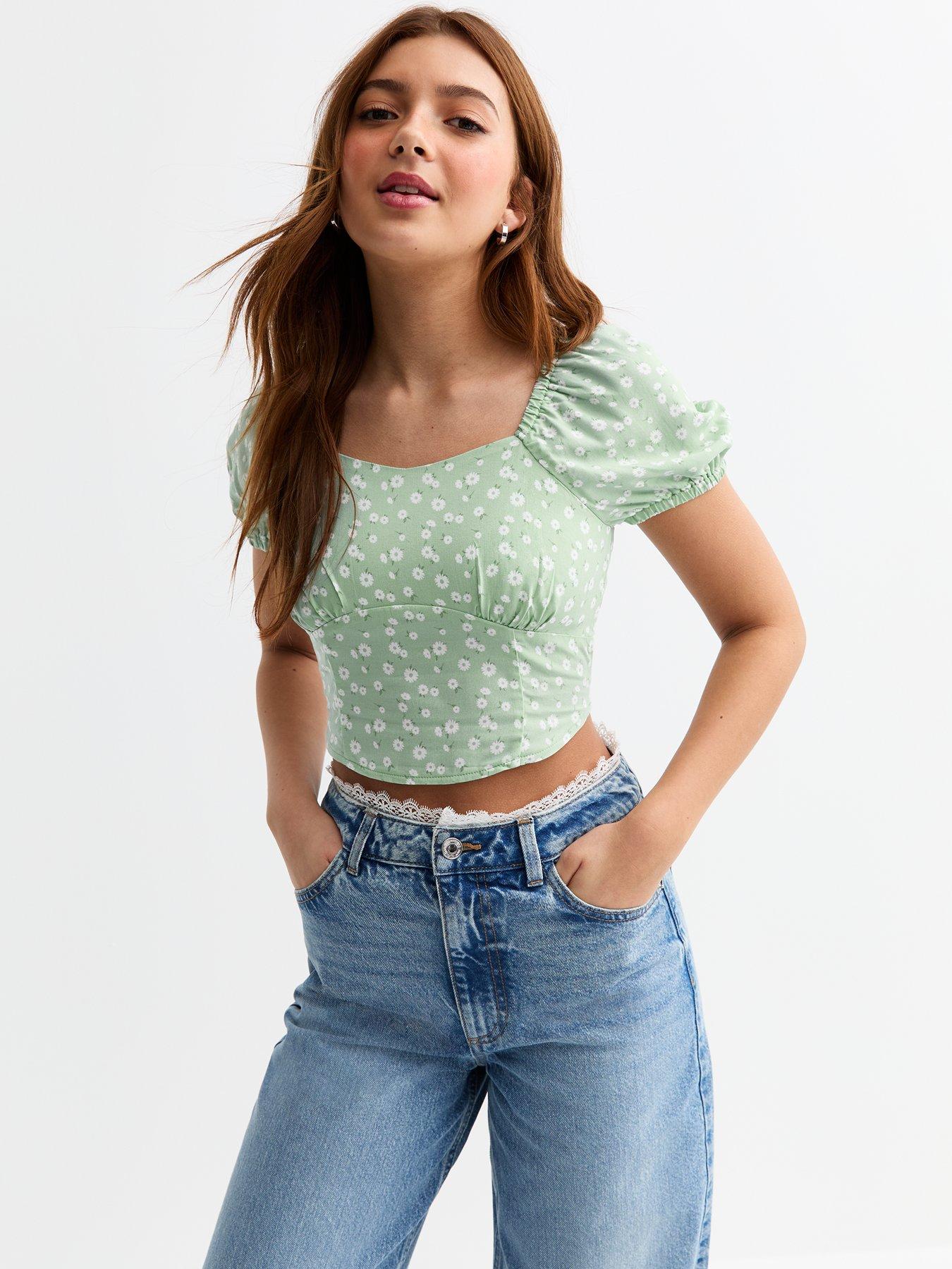 undefined Girls Floral Print Corset Waist Top - Green