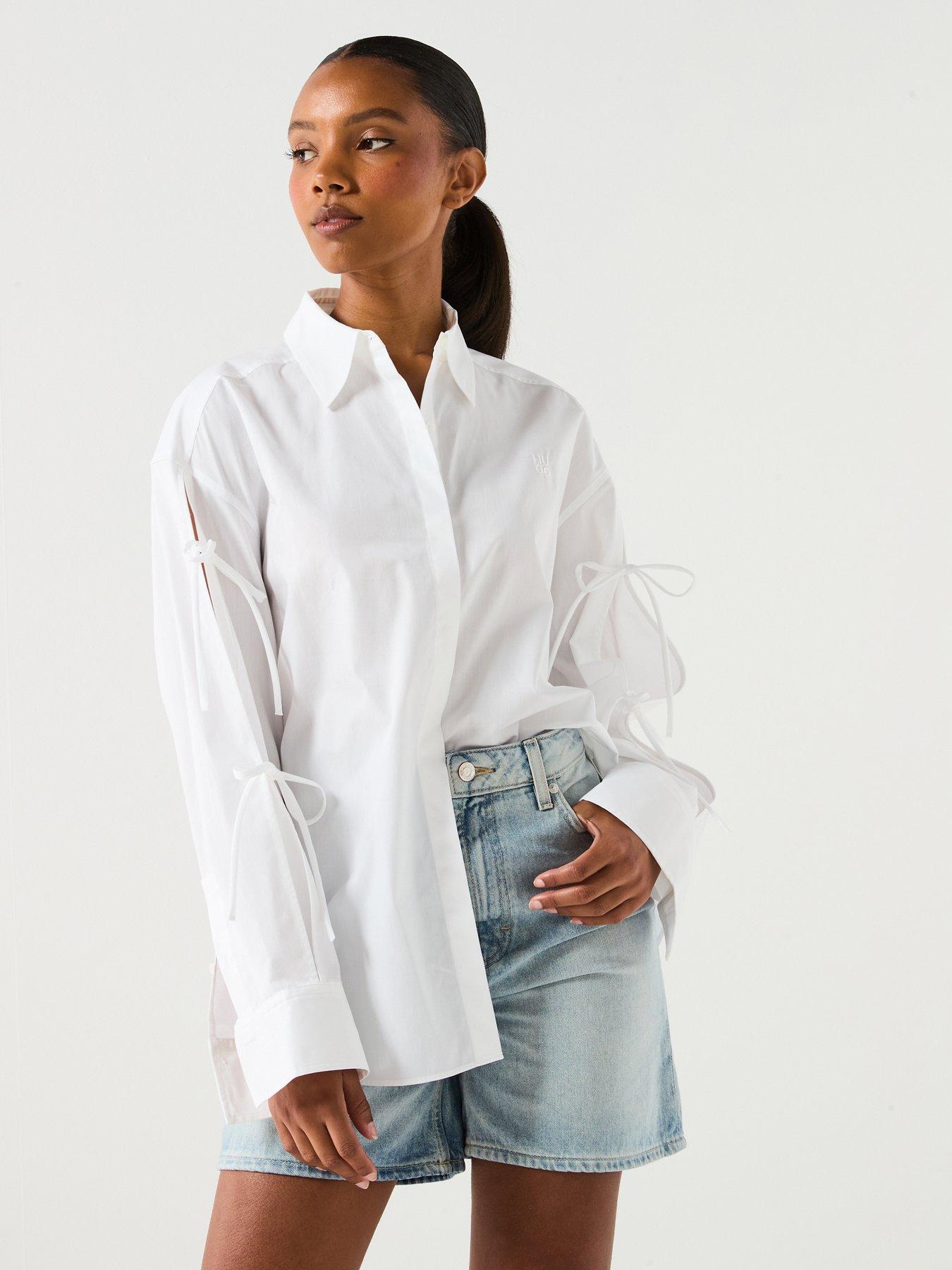 front image of hugo-evangelina-tie-sleeve-shirt-white