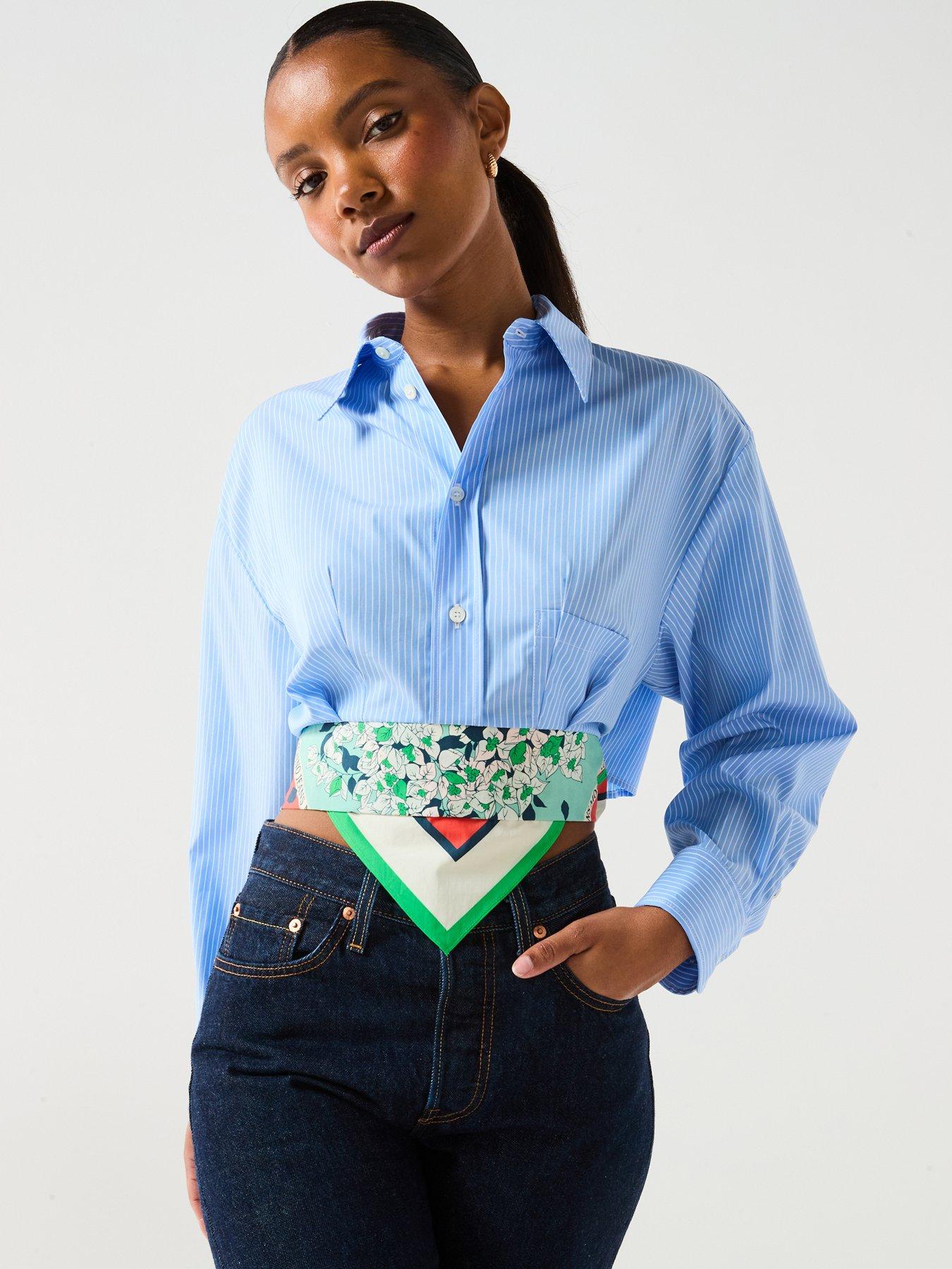 Image 1 of 5 of Moschino Jeans Striped Cotton Cropped Shirt - Blue