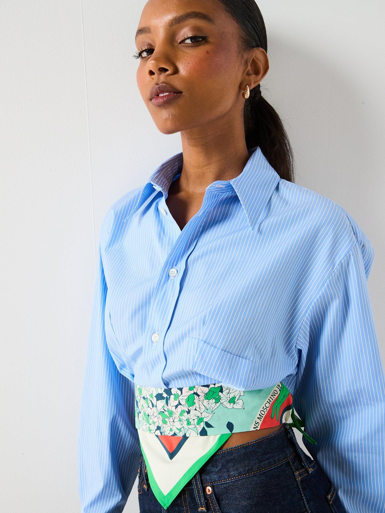 Image 4 of 5 of Moschino Jeans Striped Cotton Cropped Shirt - Blue