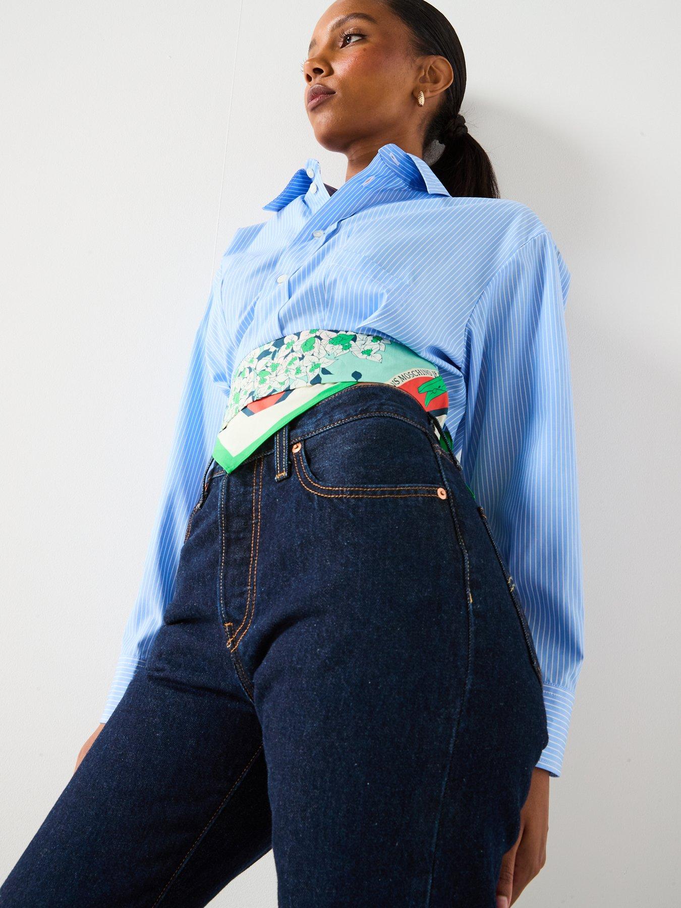 Image 5 of 5 of Moschino Jeans Striped Cotton Cropped Shirt - Blue