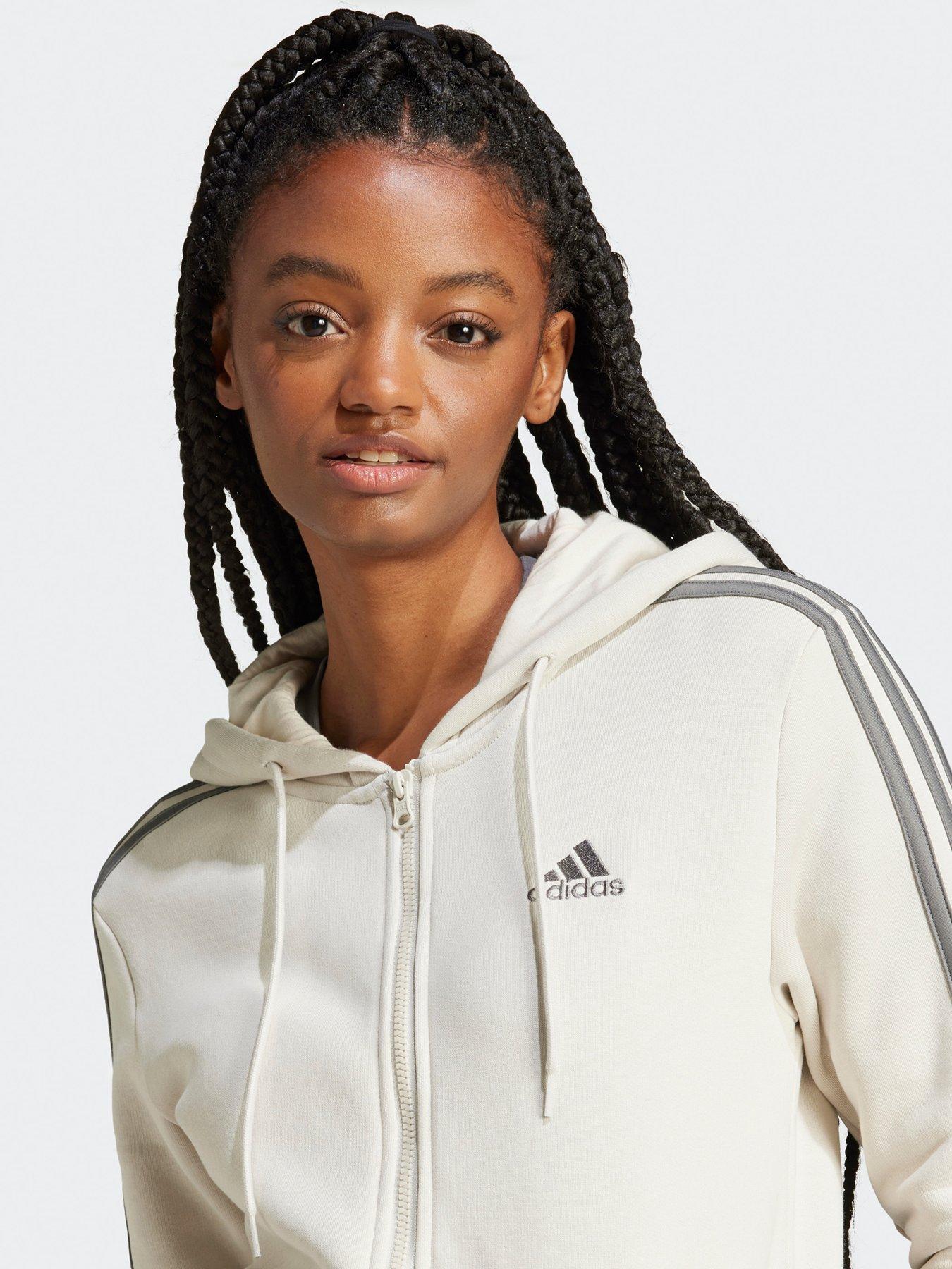 image of adidas-sportswear-womens-essentials-3-stripes-full-zip-fleece-hoodie-beige