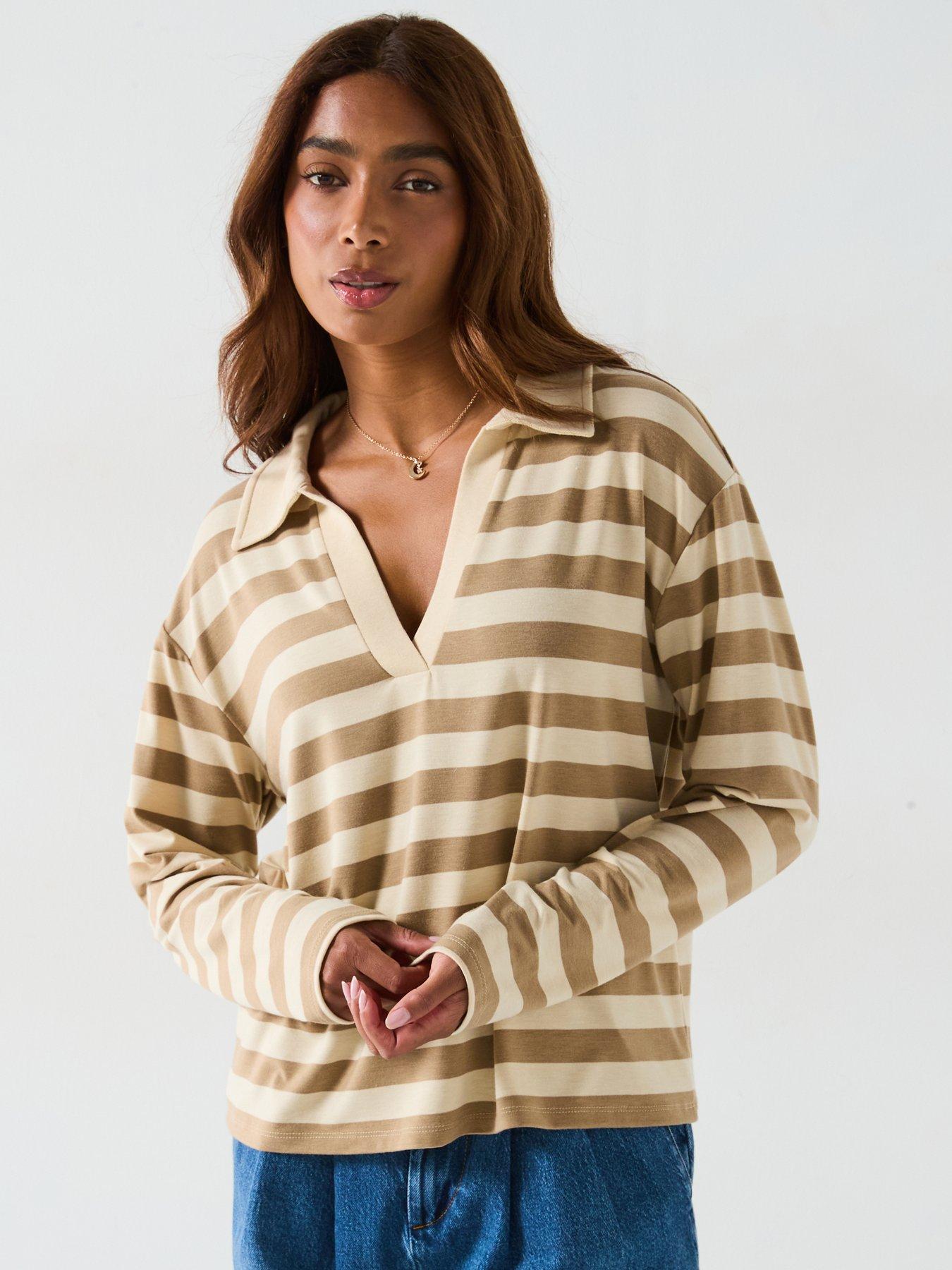 undefined Collar Detail Long Sleeve Top - Neutral Stripe