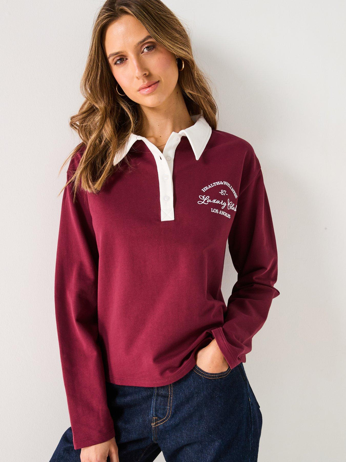  image of v-by-very-collar-detail-long-sleeve-sweatshirt-burgundy