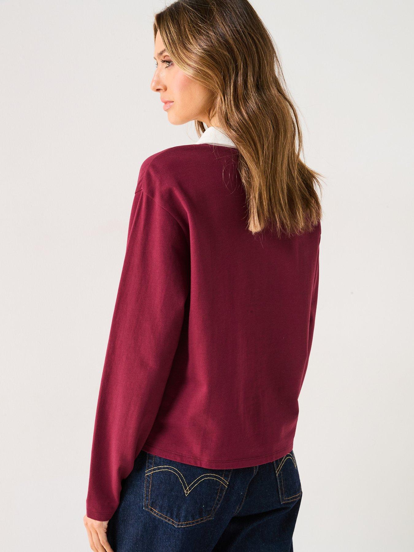  image of v-by-very-collar-detail-long-sleeve-sweatshirt-burgundy