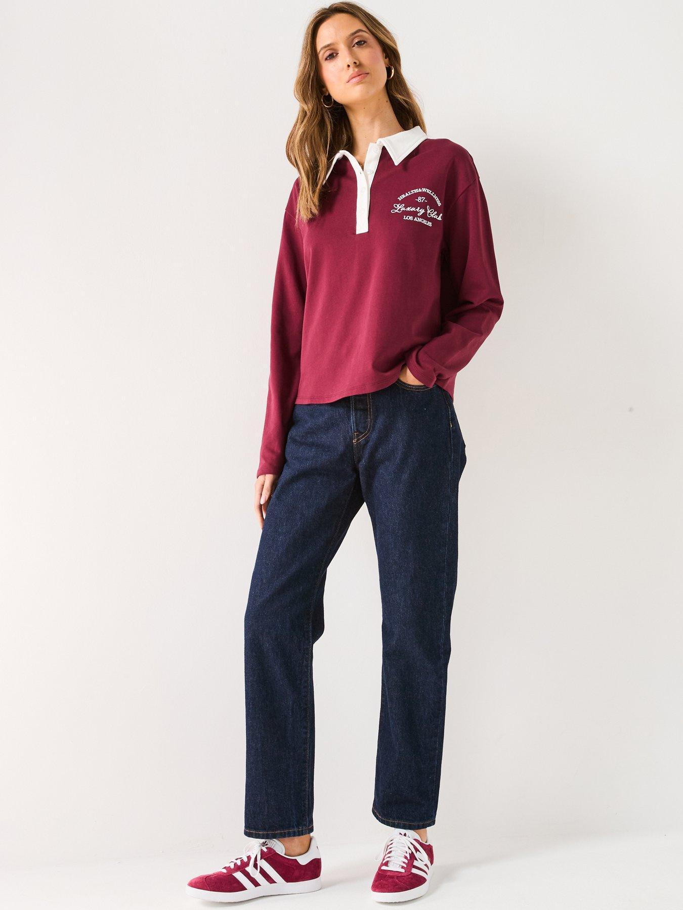  image of v-by-very-collar-detail-long-sleeve-sweatshirt-burgundy