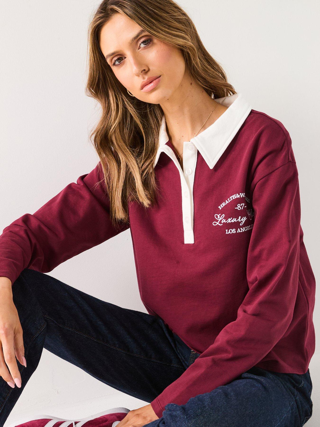  image of v-by-very-collar-detail-long-sleeve-sweatshirt-burgundy