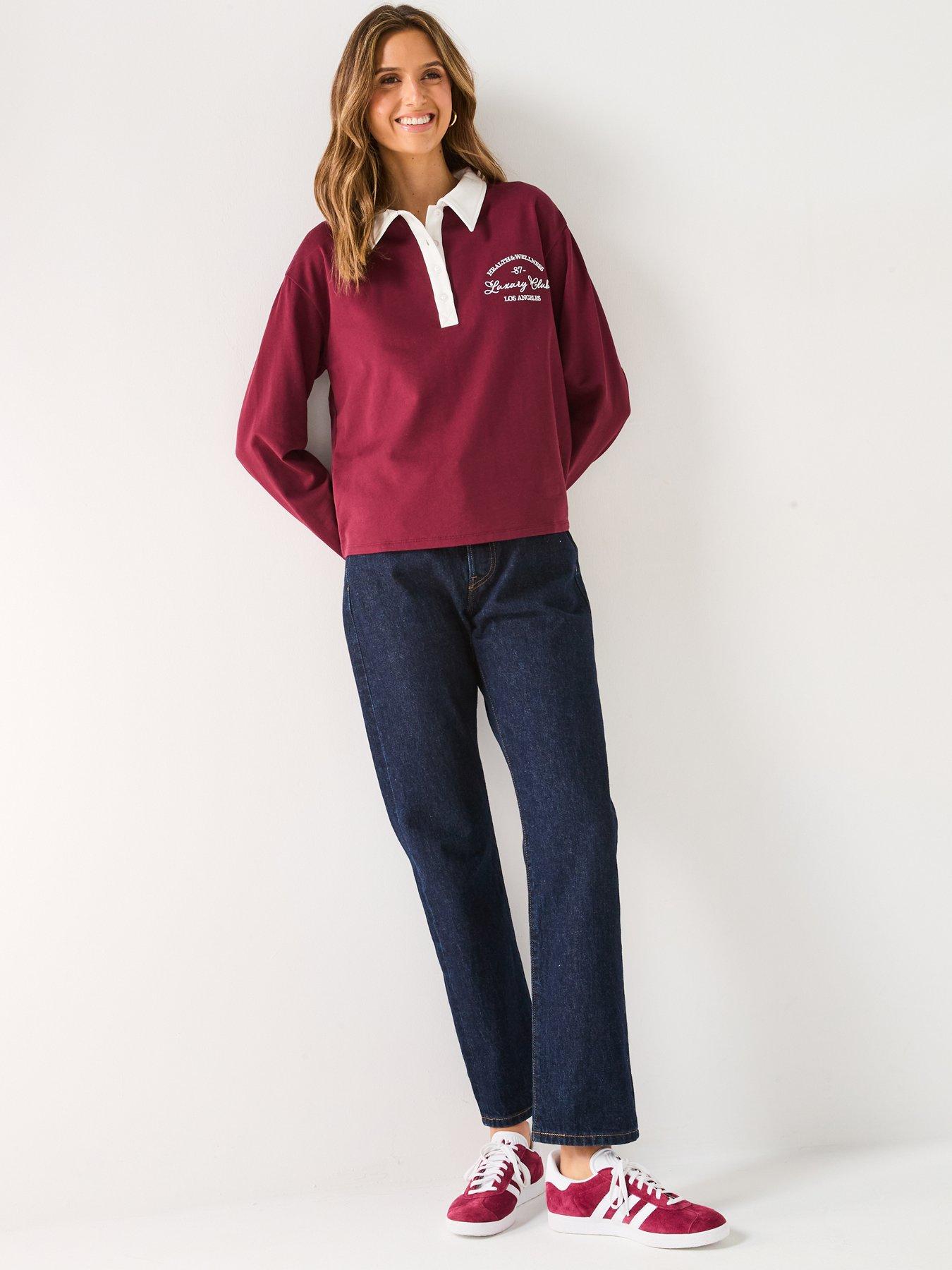  image of v-by-very-collar-detail-long-sleeve-sweatshirt-burgundy
