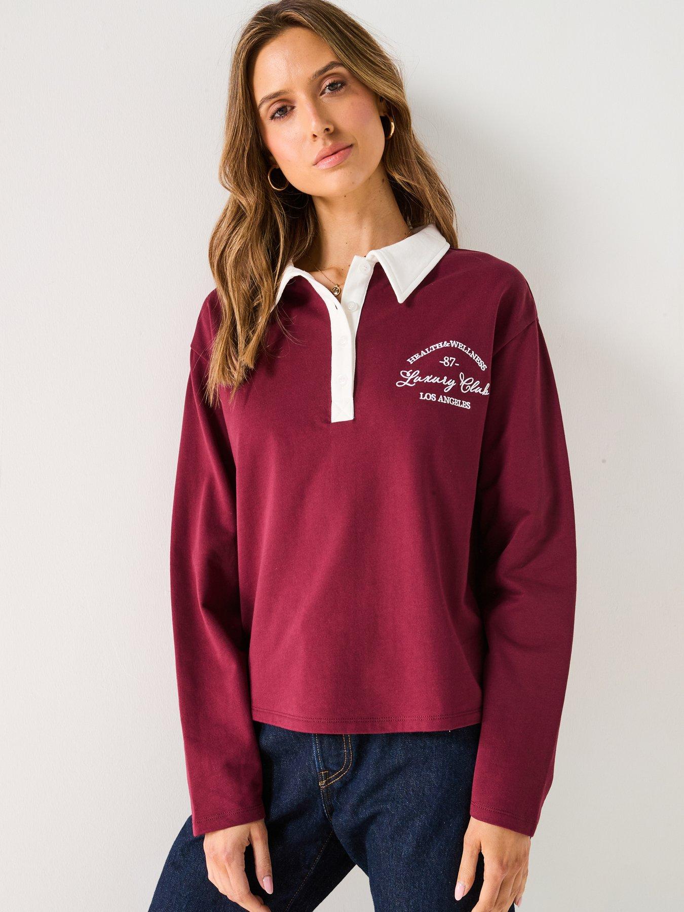  image of v-by-very-collar-detail-long-sleeve-sweatshirt-burgundy