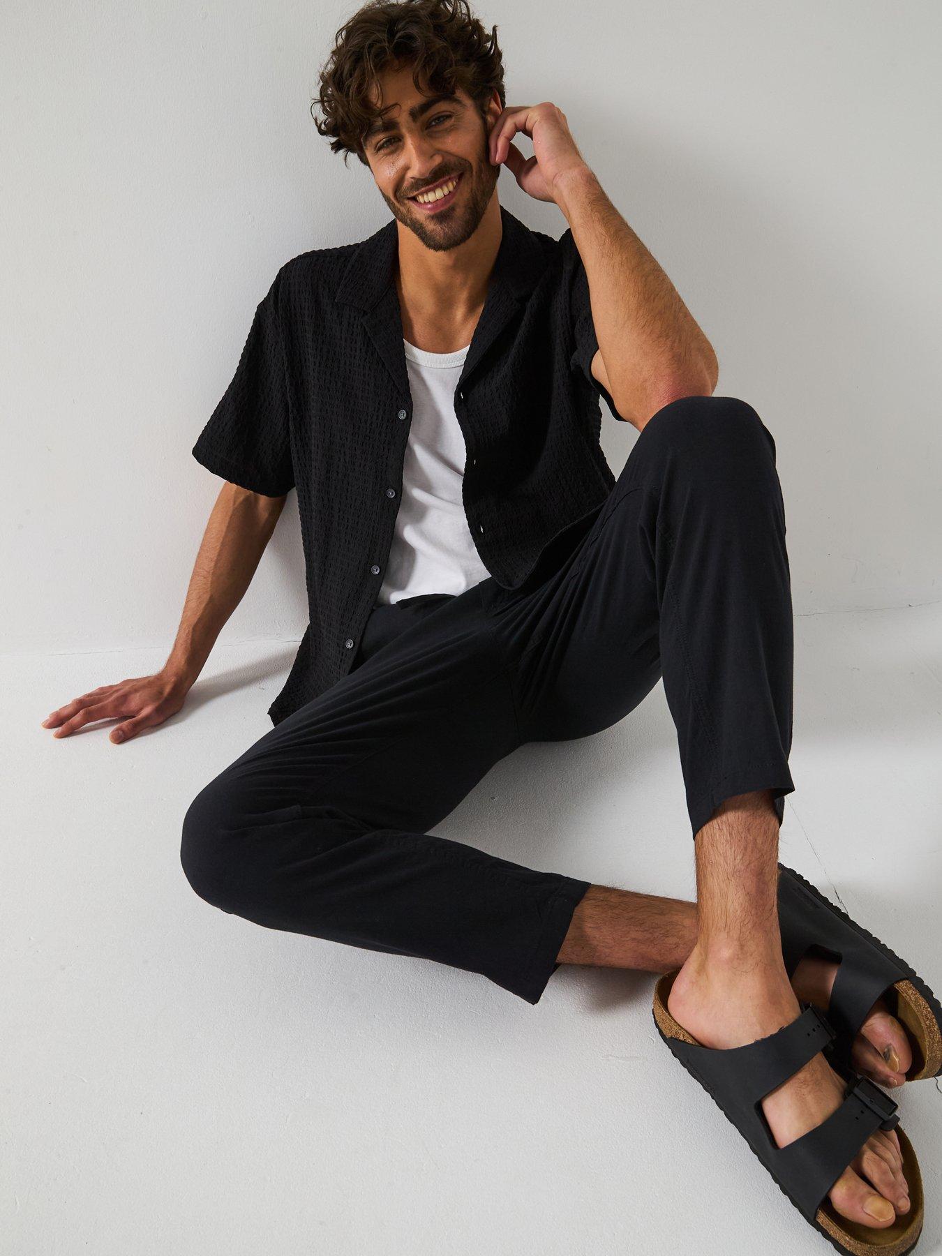  image of jack-jones-linen-blend-tapered-fit-trousers-black