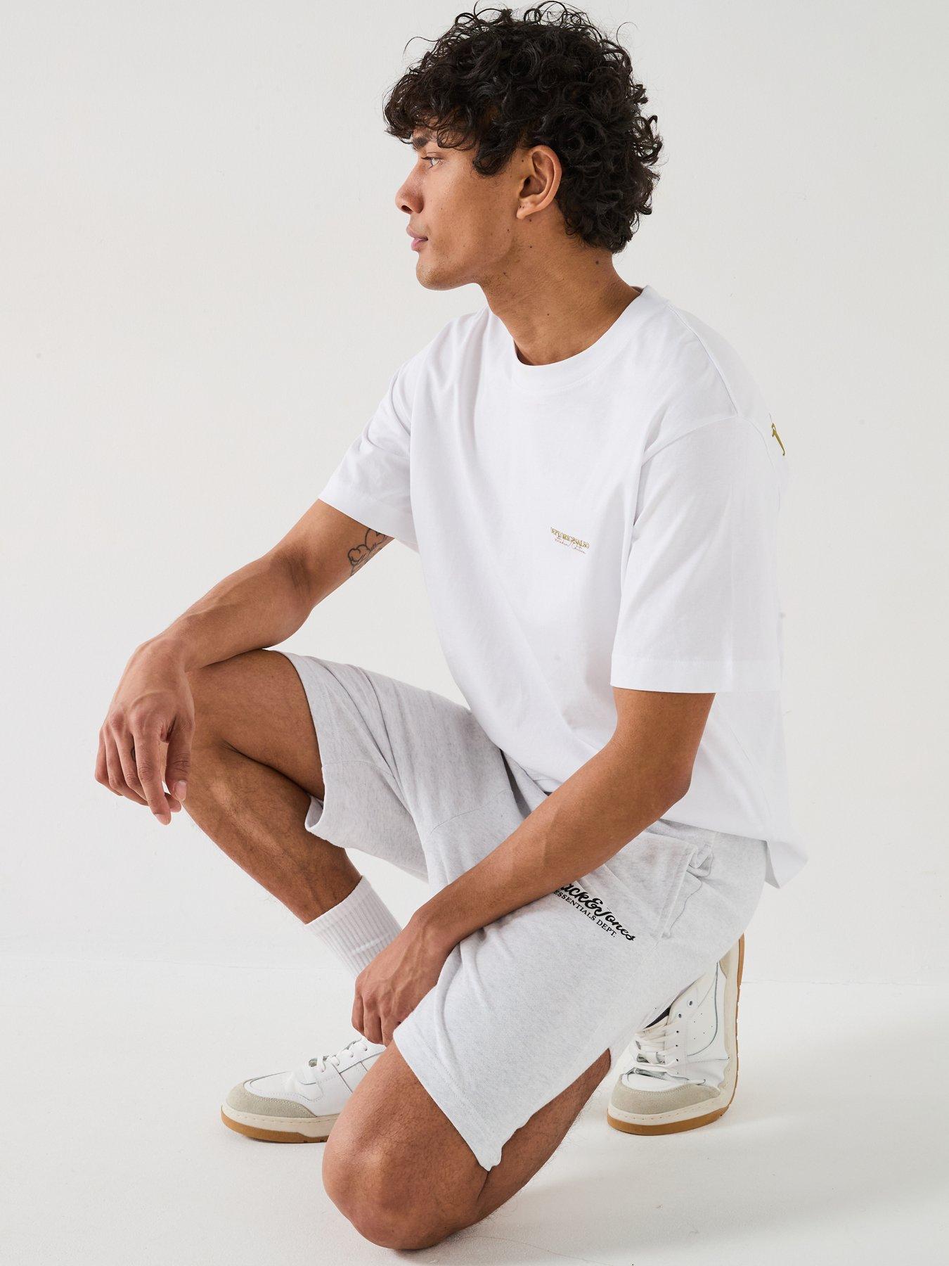  image of jack-jones-gordon-beau-script-sweat-shorts-white-melange