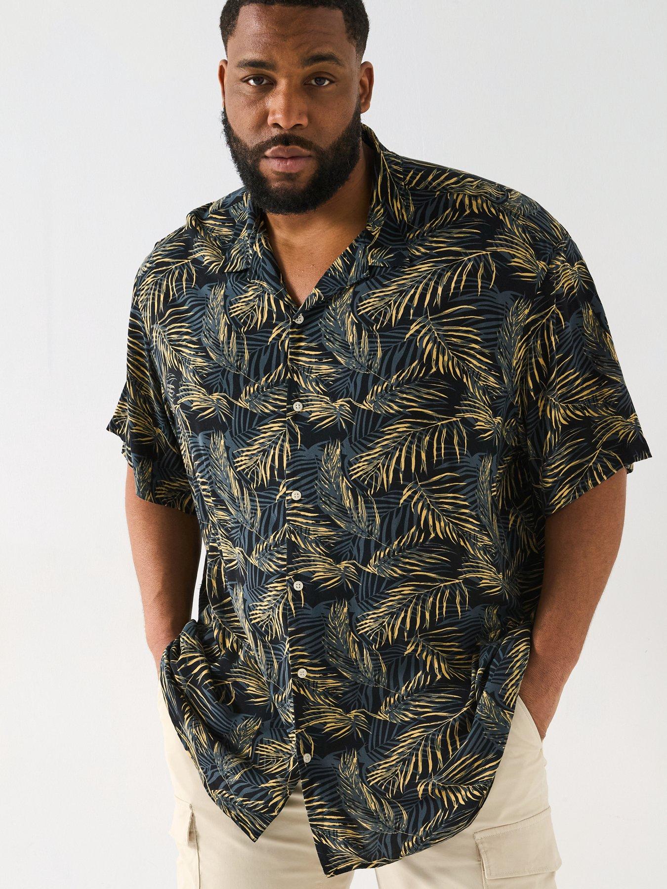  image of jack-jones-plus-size-jeff-tropical-print-resort-shirt-black