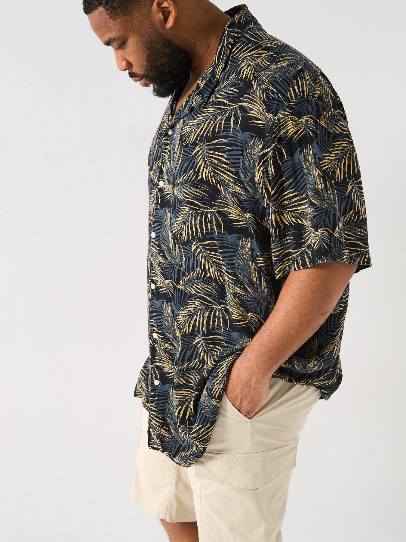  image of jack-jones-plus-size-jeff-tropical-print-resort-shirt-black