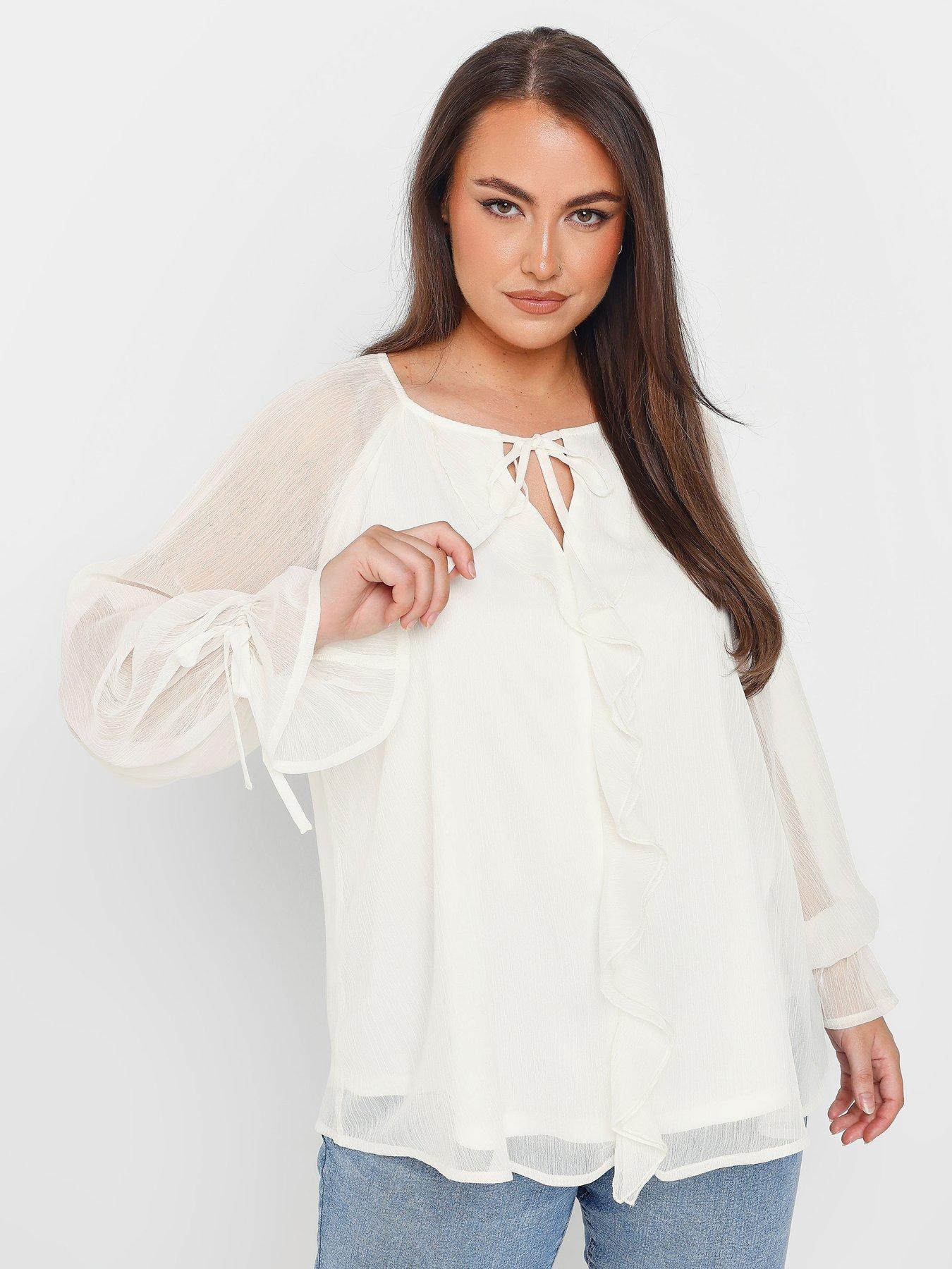 undefined Curve Ruffle Neck Tie Blouse - Natural