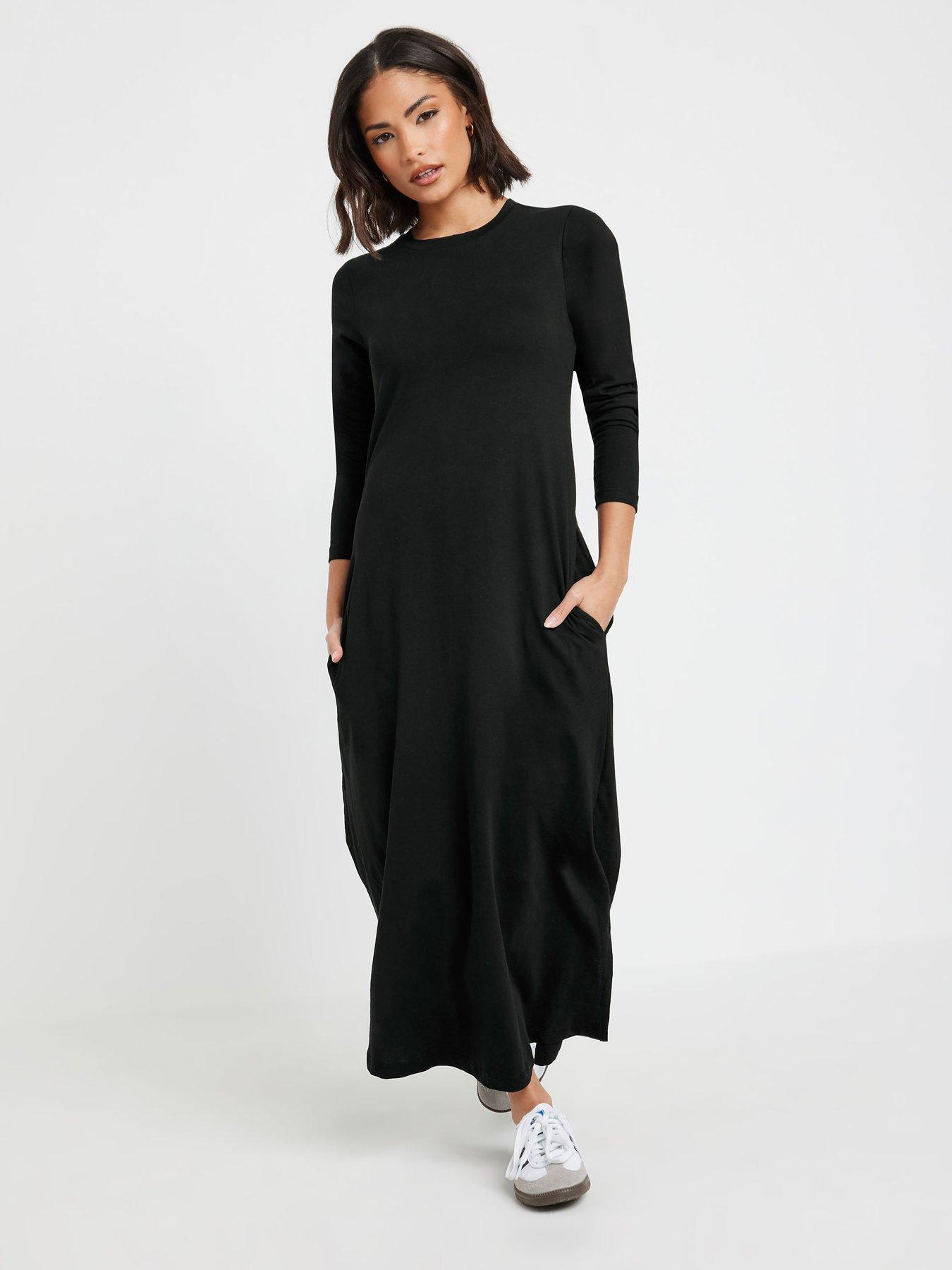 undefined Petite Long Sleeve T Shirt Maxi Dress - Black
