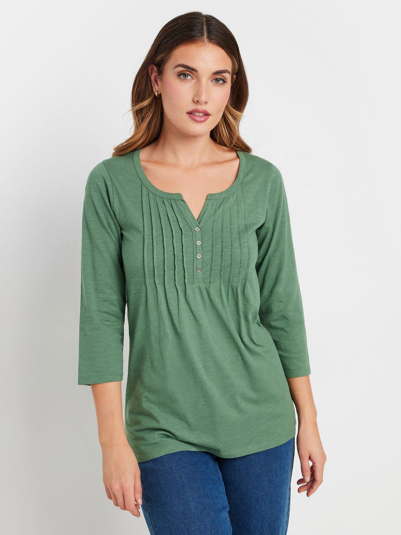 undefined Pintuck Henley Top - Green