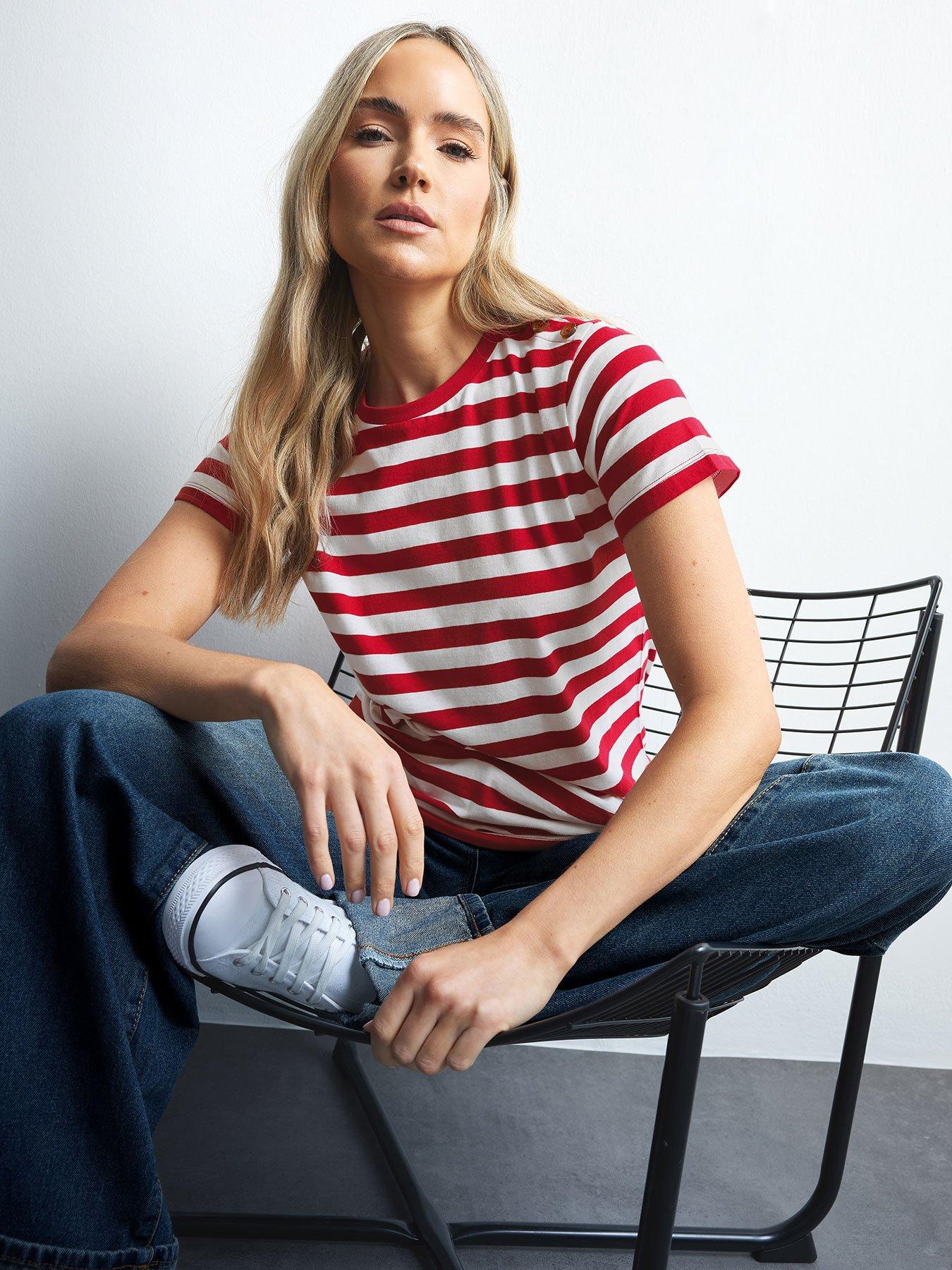 undefined Stripe Button Shoulder T Shirt - Red
