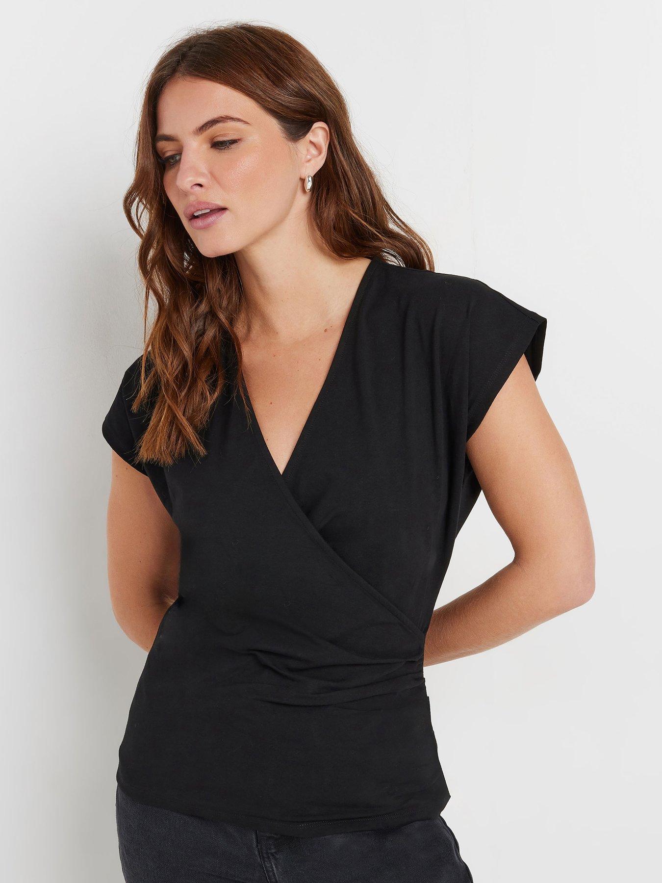undefined Short Sleeve Wrap Top - Black